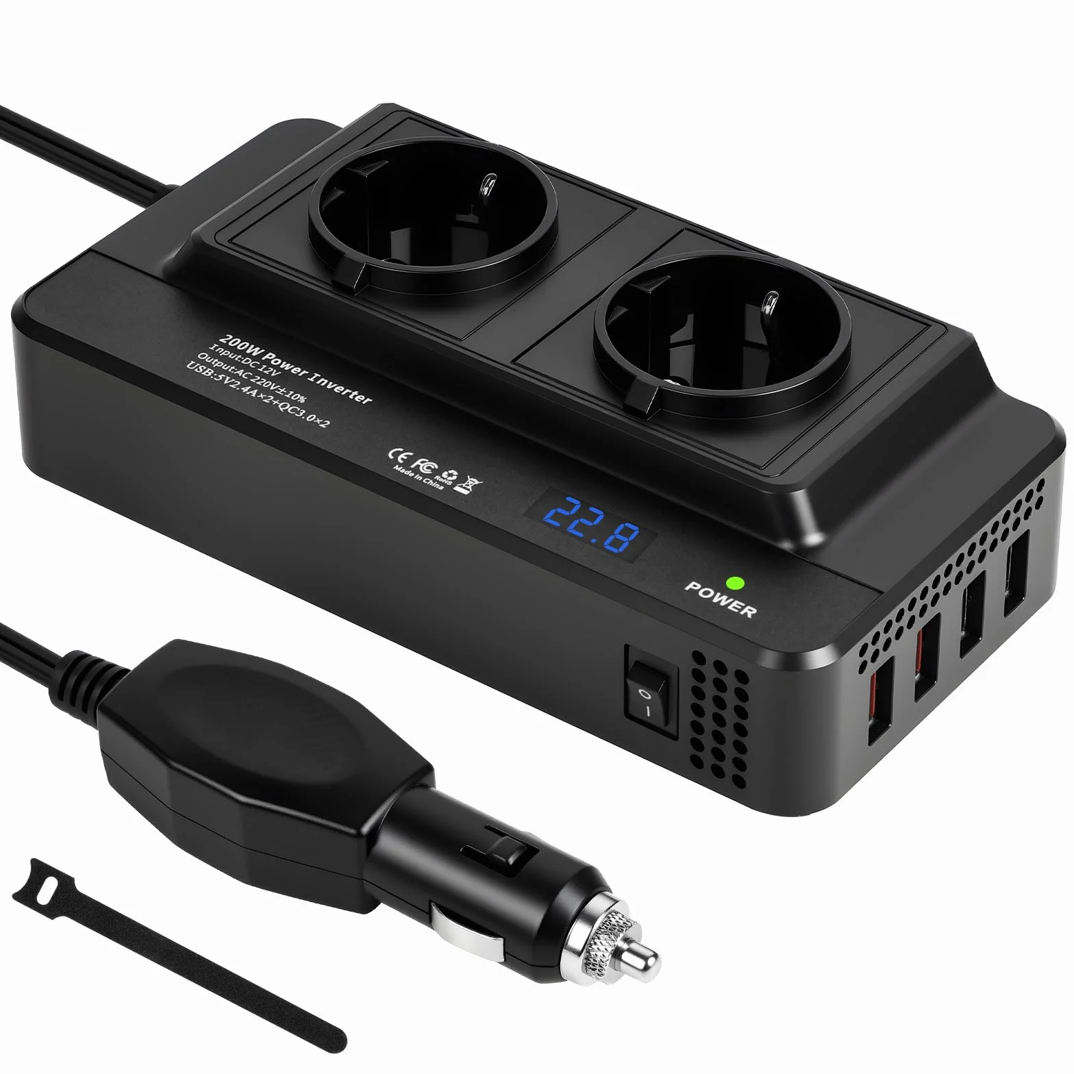Inverter Auto 12V-220V 200W Convertitore di Tensione con 2 Prese CA e 4 Porte USB Display Digitale