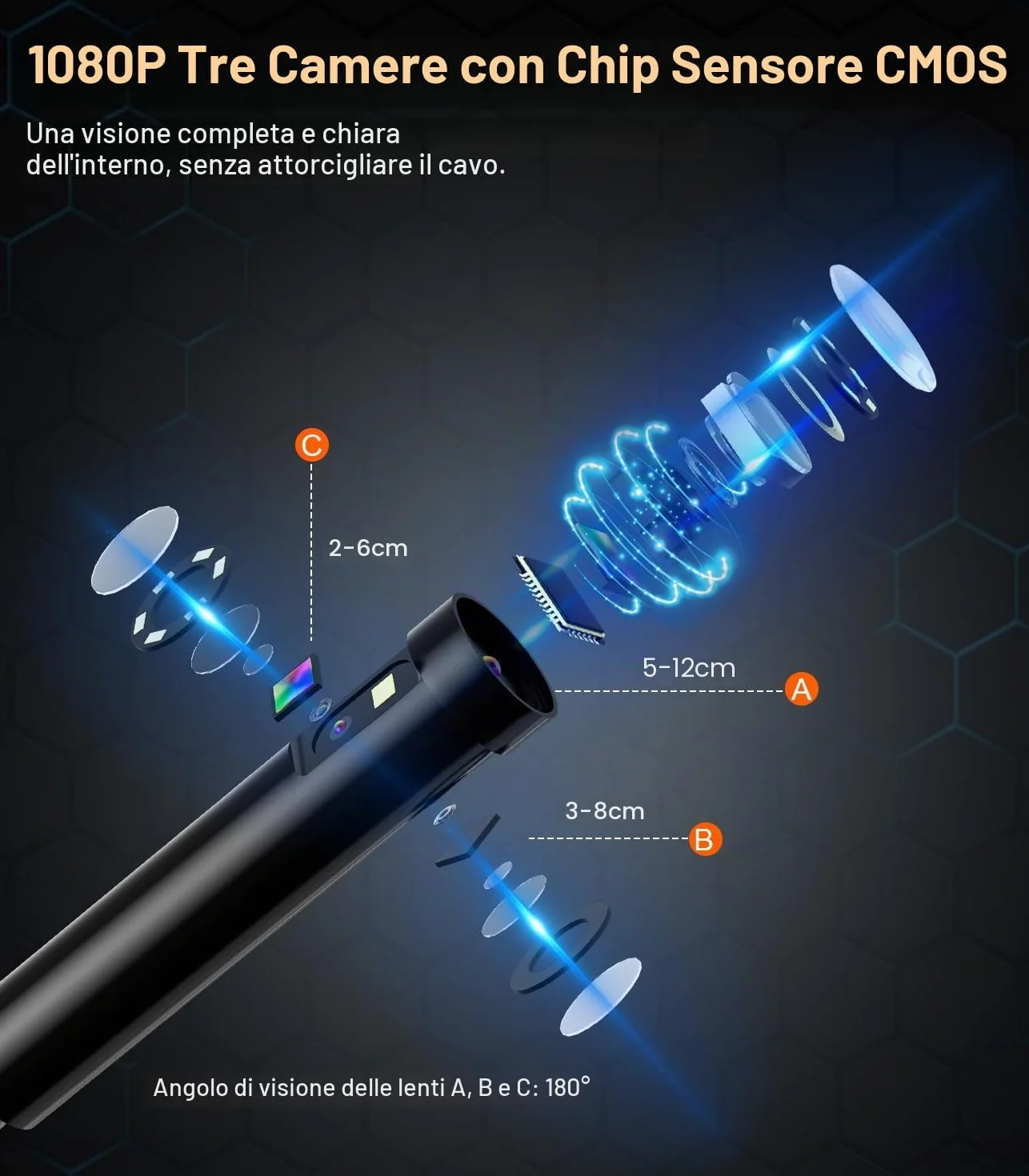 Telecamera Endoscopica Tripla Lente 5.0 Pollici 15M Sonda IP67 1080P 32GB Endoscopio Industriale