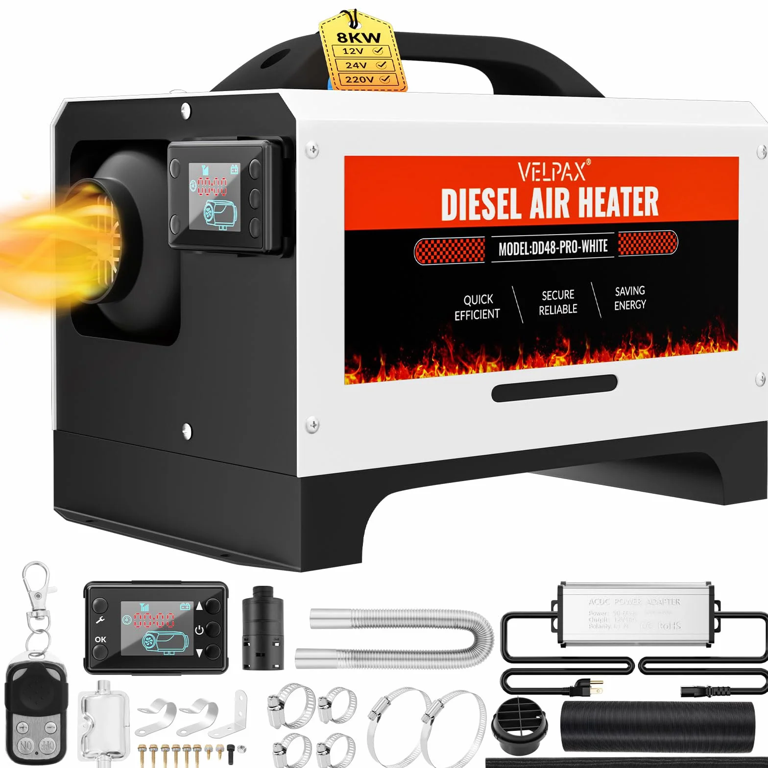 VELPAX Riscaldatore d'Aria Diesel all-in-One 8KW 12V 24V 220V riscaldatore d'Aria Diesel con silenziatore, LCD e Telecomando Riscaldamento rapido per Camper,Macchine,Camion,Barche,Autobus
