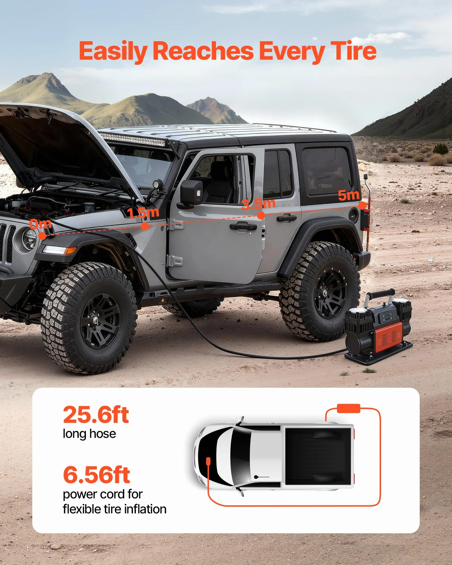 VEVOR Gonfiatore per Pneumatici Portatile con Arresto Automatico, Compressore d'Aria per Auto, Pompa dell'Aria Fuoristrada da 12 V con Display Digitale LCD e Adattatori per Camion, SUV, Camper