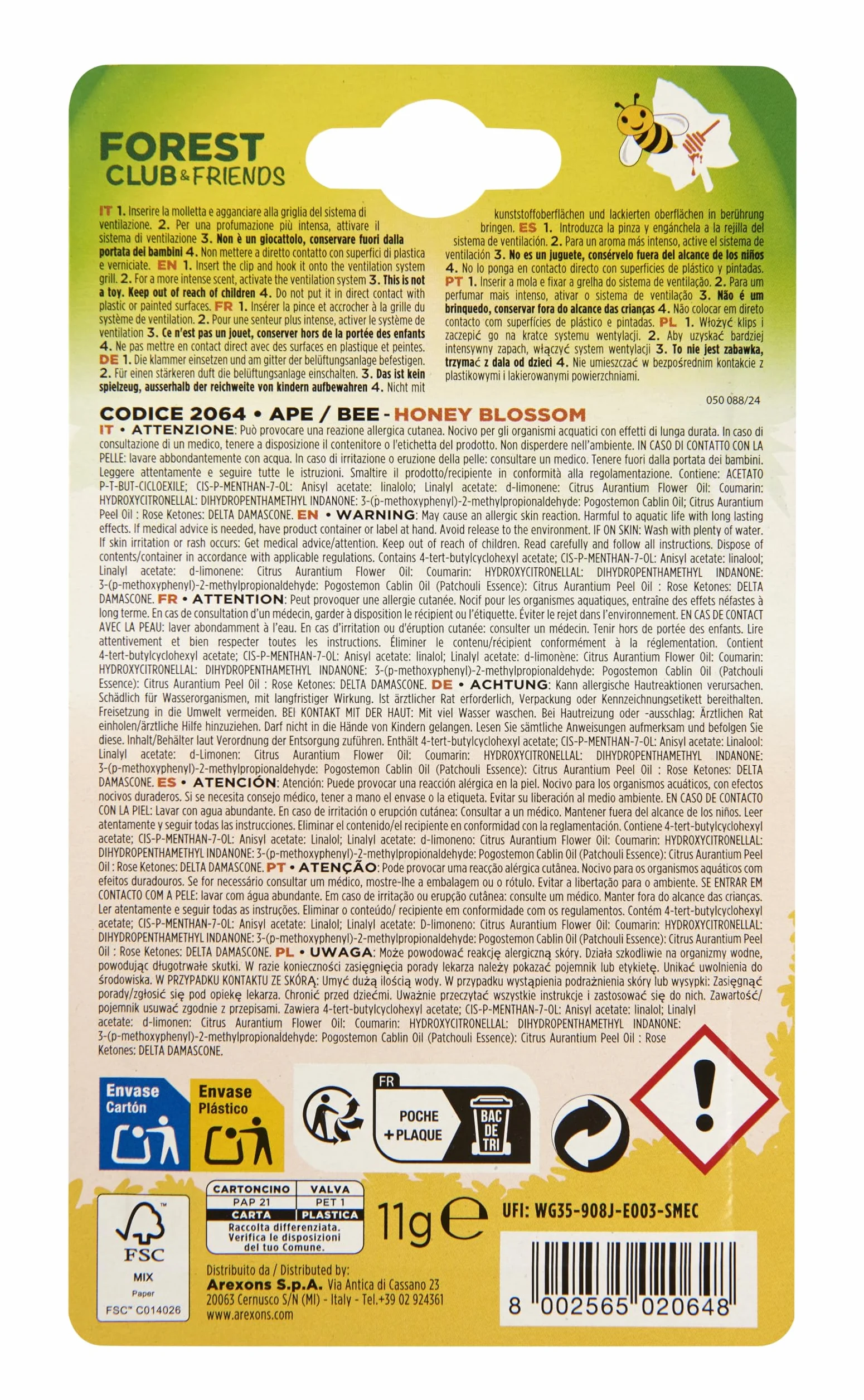 Arexons Forest Club Friends Ape Profumatore Auto Bocchetta Fragranza Miele Vaniglia Made in Italy