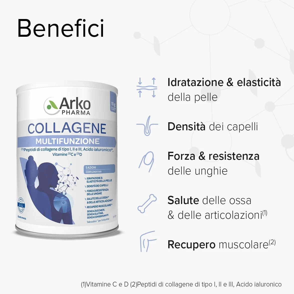 Arkopharma Collagene Multifunzione Integratore Alimentare Polvere Peptidi Collagene I II III Acido Ialuronico Vitamine C D 260g