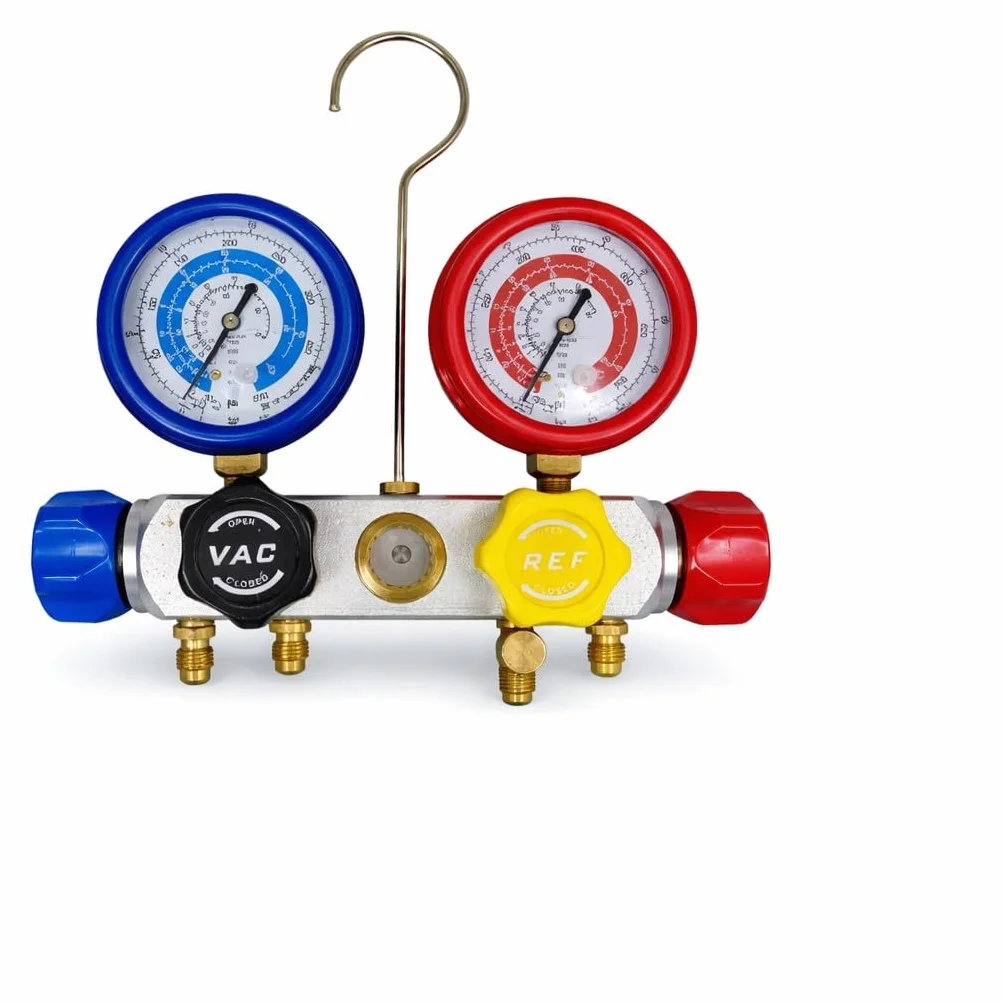 Kit Gruppo Manometrico 4 Vie per Gas Refrigerante R290 R22 R32 R410A – Manifold HVAC con 4 Flessibili 150cm Alta Pressione 800 PSI