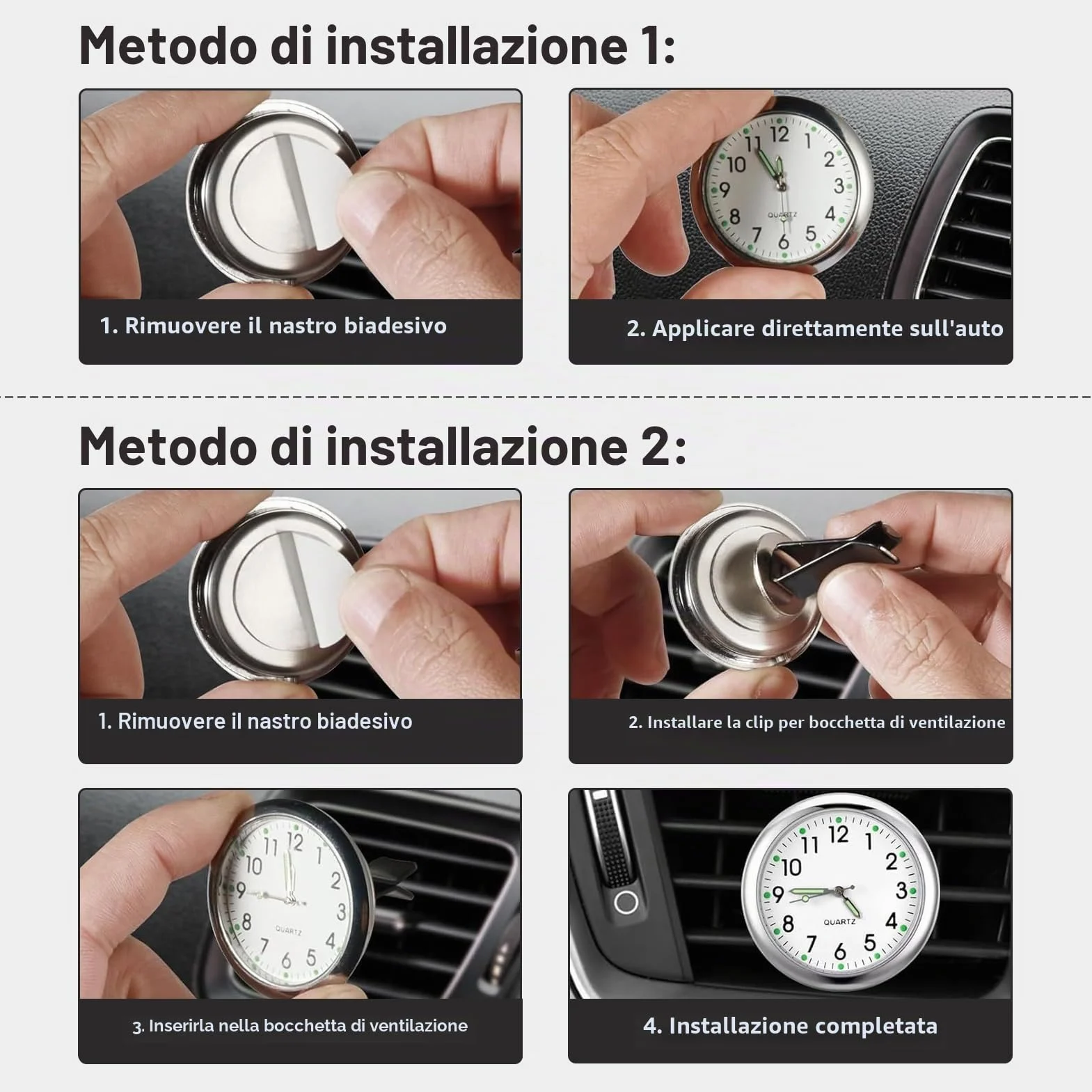 3 Pezzi Orologio per Auto, Mini Quarzo Metallo Cruscotto con Nastro Biadesivo, Nero Bianco Blu