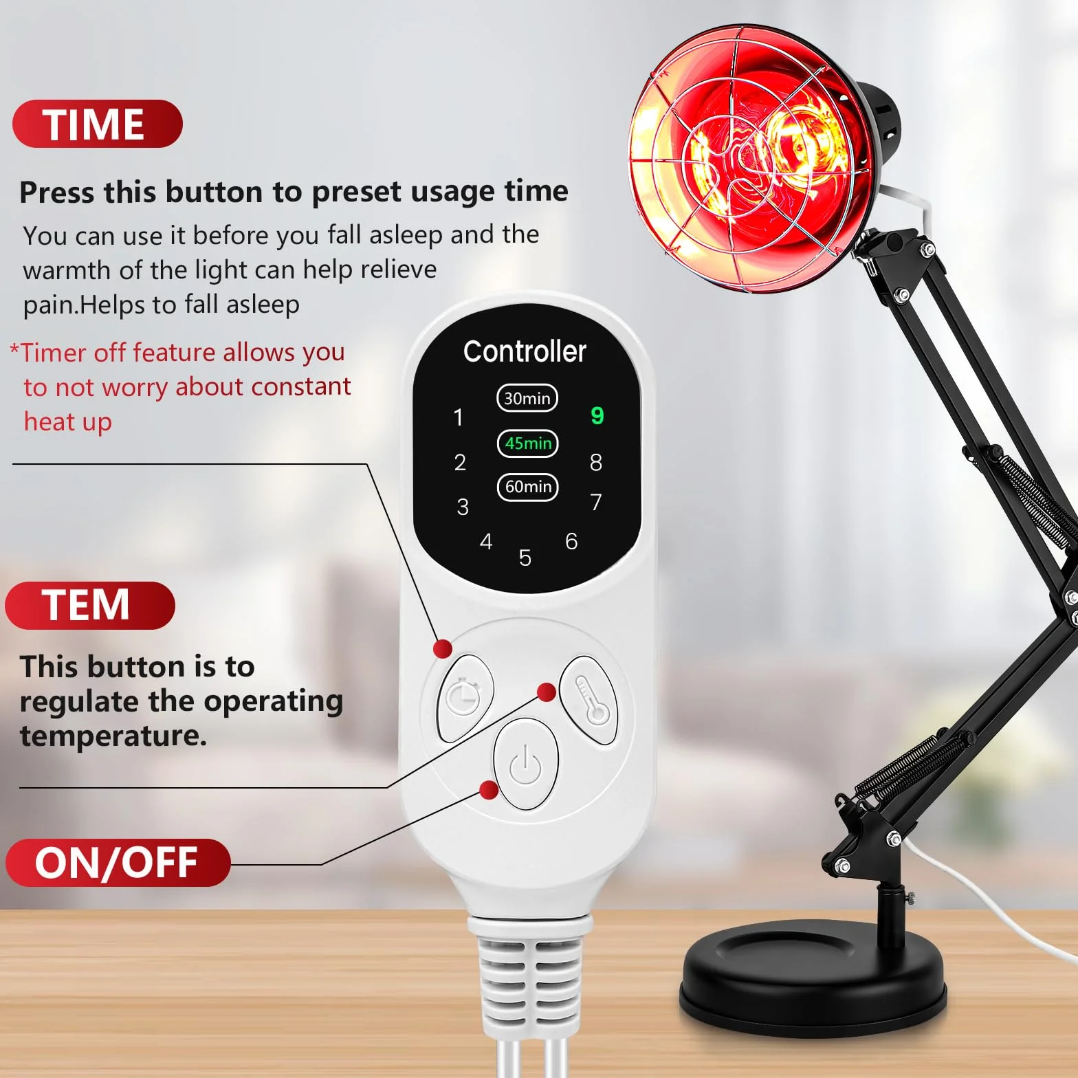 VOVIPO 150W Lampada di calore a infrarossi con timer e controllo temperatura, braccio regolabile