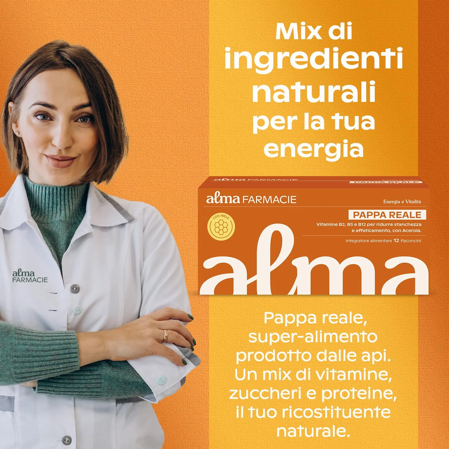 Pappa Reale Alma Farmacie Integratore Ricostituente con Vitamine B2 B5 B12 D e Acerola 12 Flaconcini