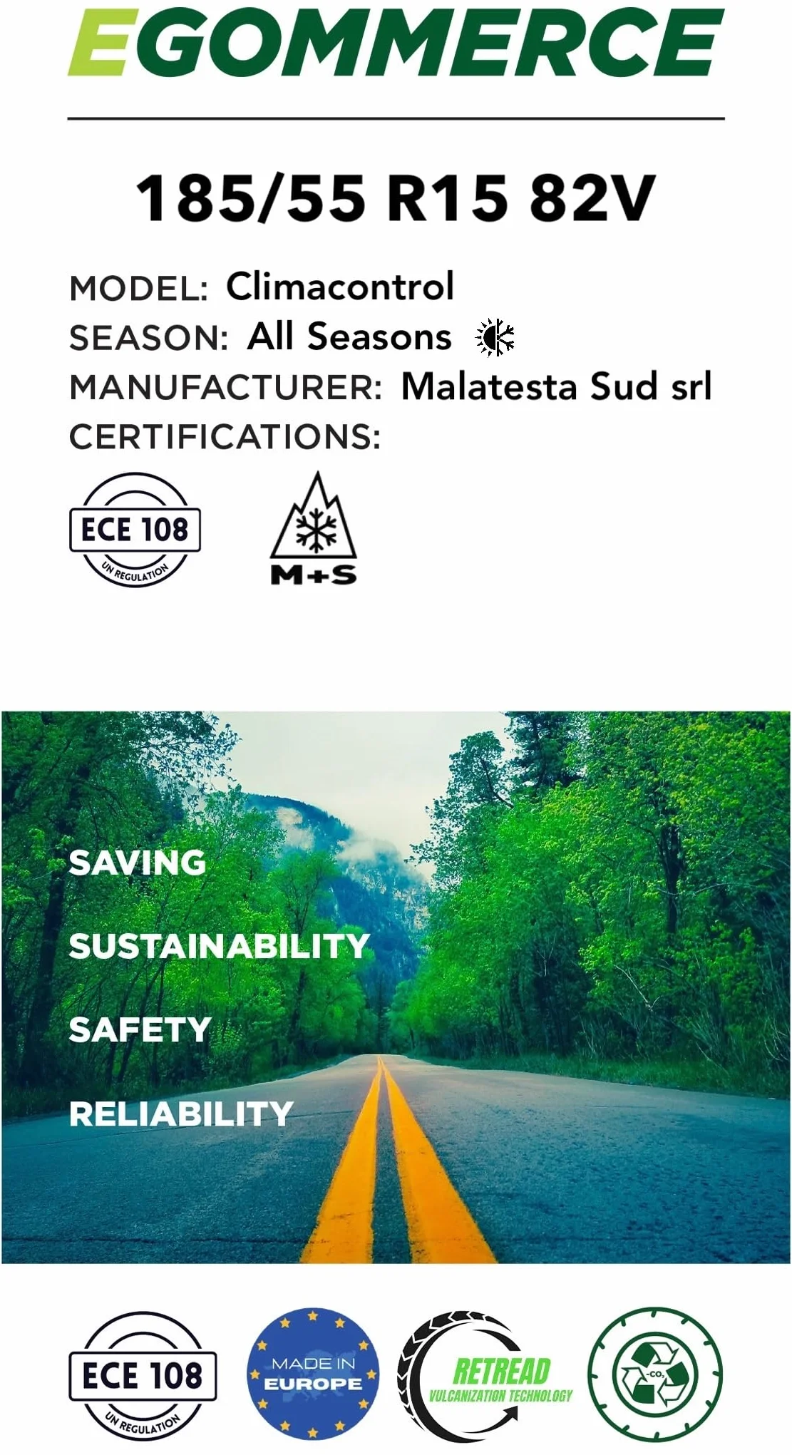 EGOMMERCE - Pneumatico Auto CLIMACONTROL 185/55 R15 82V 4 Stagioni Certificato M+S - All Season - Gomme Ecofriendly
