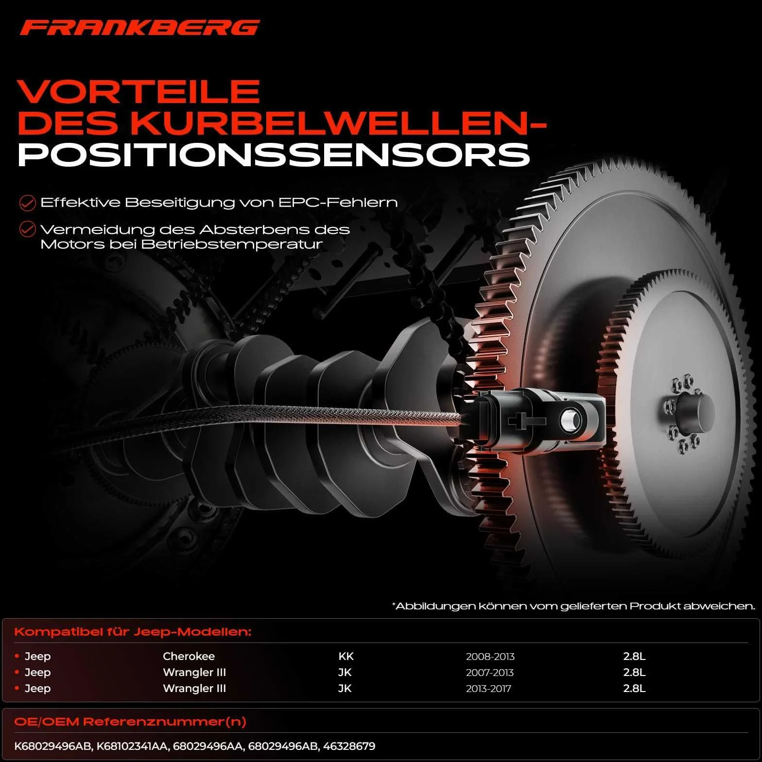 Frankberg Posizione dell'albero Motore Sensore dell'albero Motore 3-Poli Compatibile con Wrangler III JK Cherokee KK Replace# K68029496AB,68029496AB