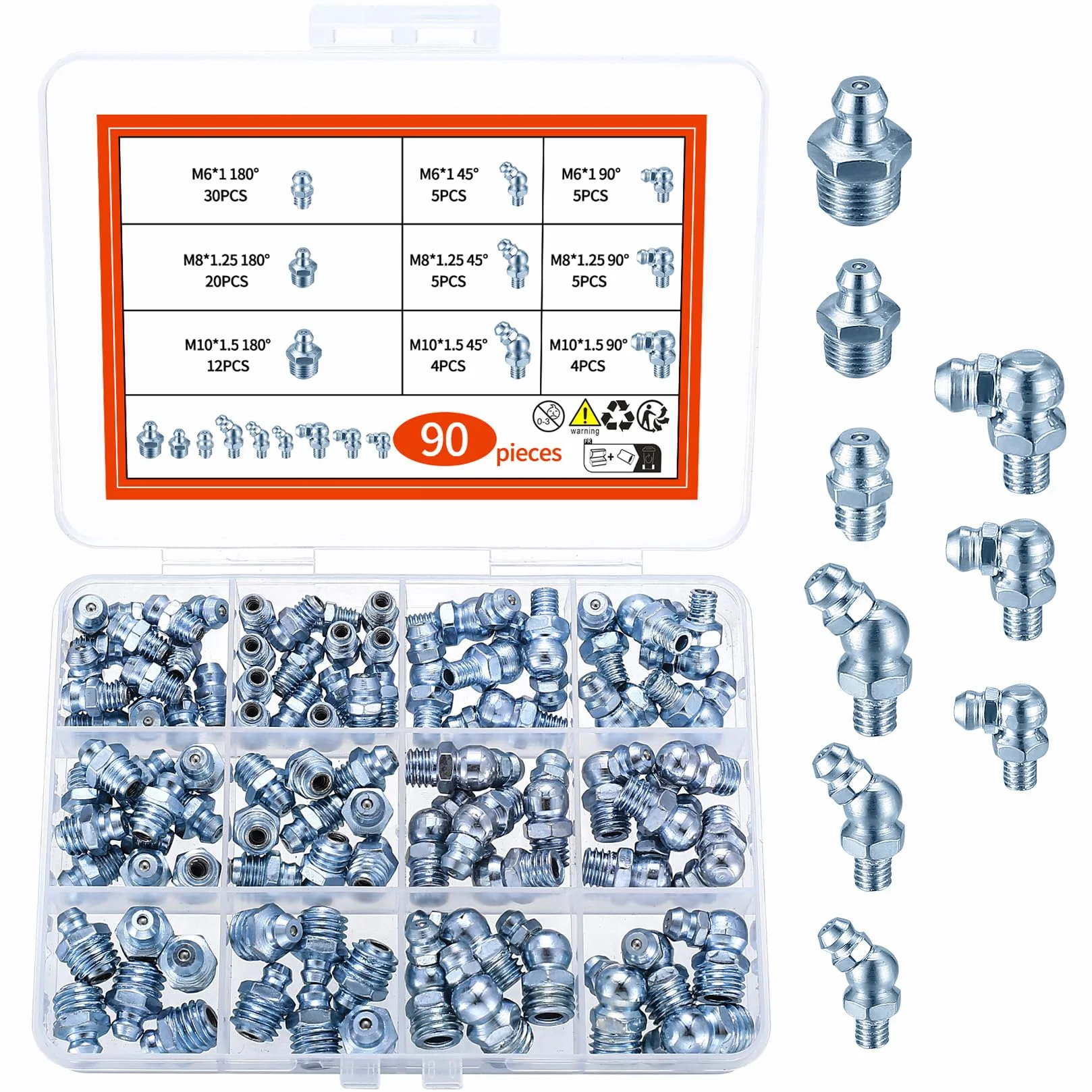 Set di Ingrassatori 90 Pezzi M6 M8 M10 Testine Metallo Dritto Angolato 45° 90° 180°