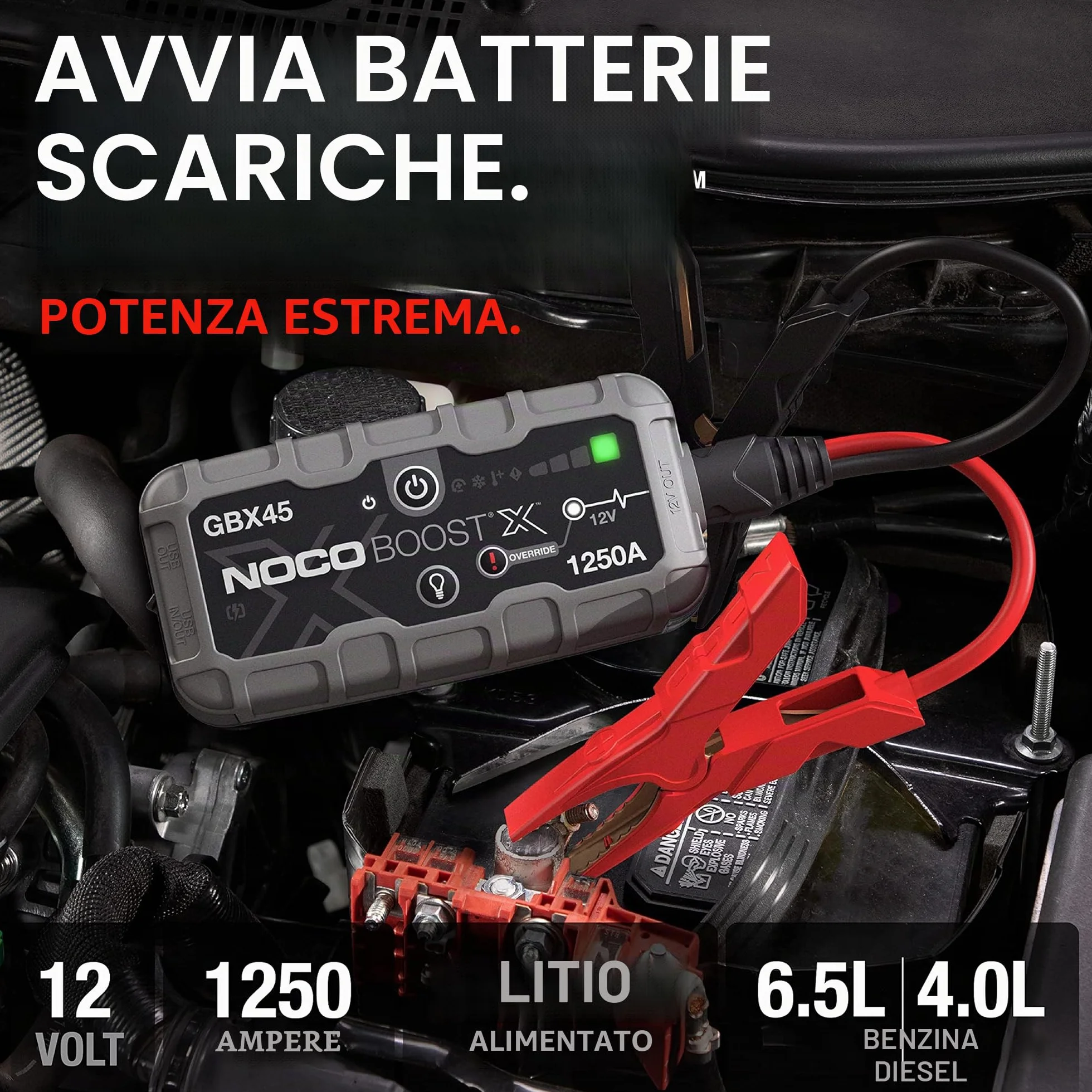 NOCO Boost X GBX45: Avviatore di Emergenza UltraSafe 1250A – Booster Batteria al Litio 12V, Caricabatteria Portatile Power Bank e Cavi Avviamento – Per Motori Benzina fino a 6.5L e Diesel fino a 4.0L