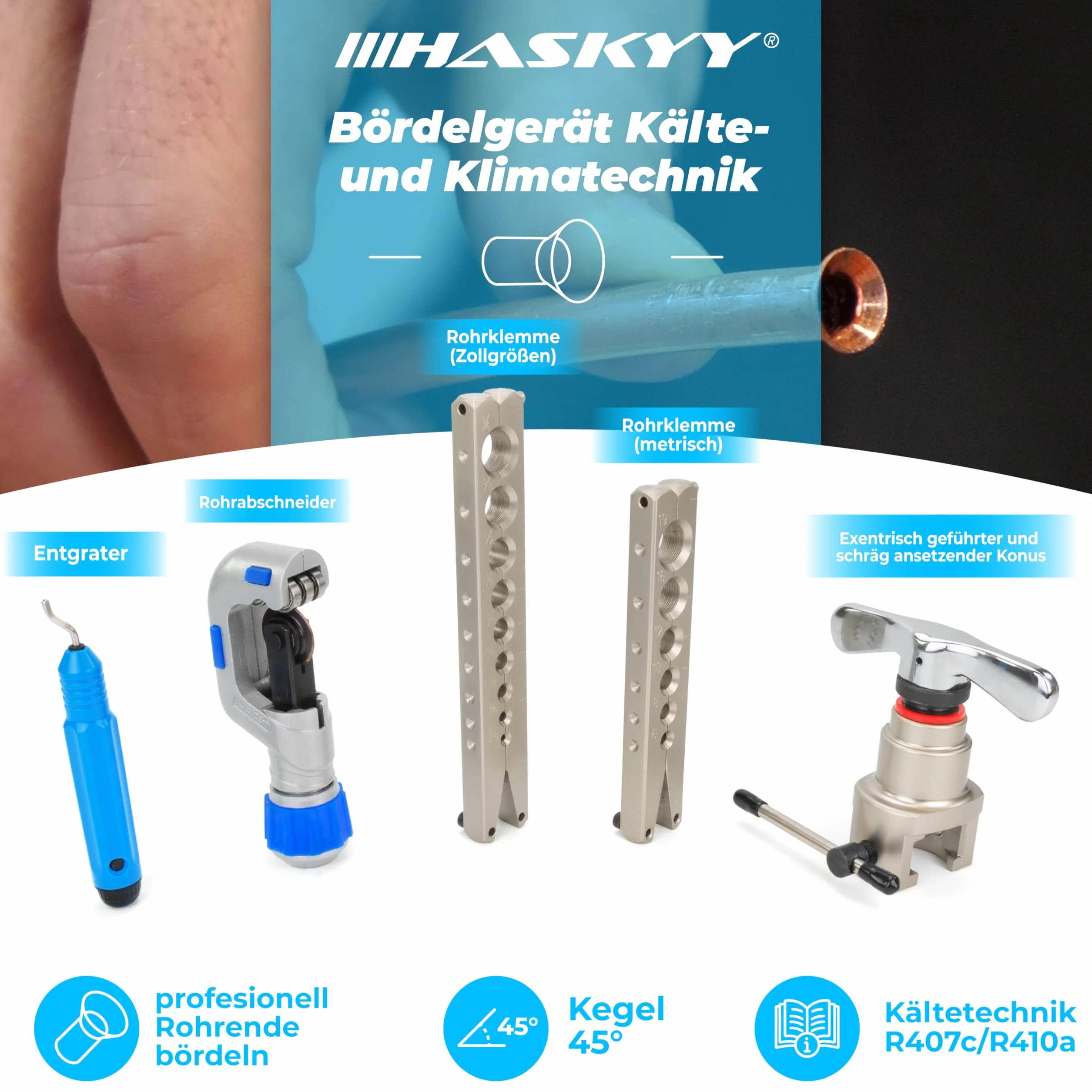 HASKYY Strumento di svasatura 5-19mm 1/8"-3/4" oscillante Aria condizionata R407c R410a con Tagliatubi