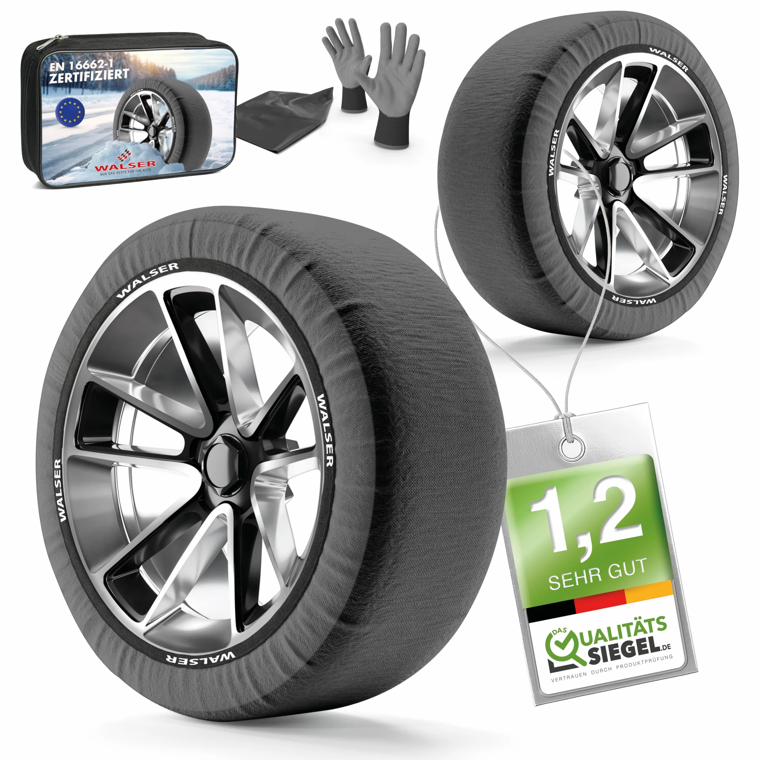 WALSER Premium Calze da Neve Omologate Italia EN 16662-1, Set di 2 Catene Invernali per Auto Grigio/Nero, Snow Sock R13-R22 XL