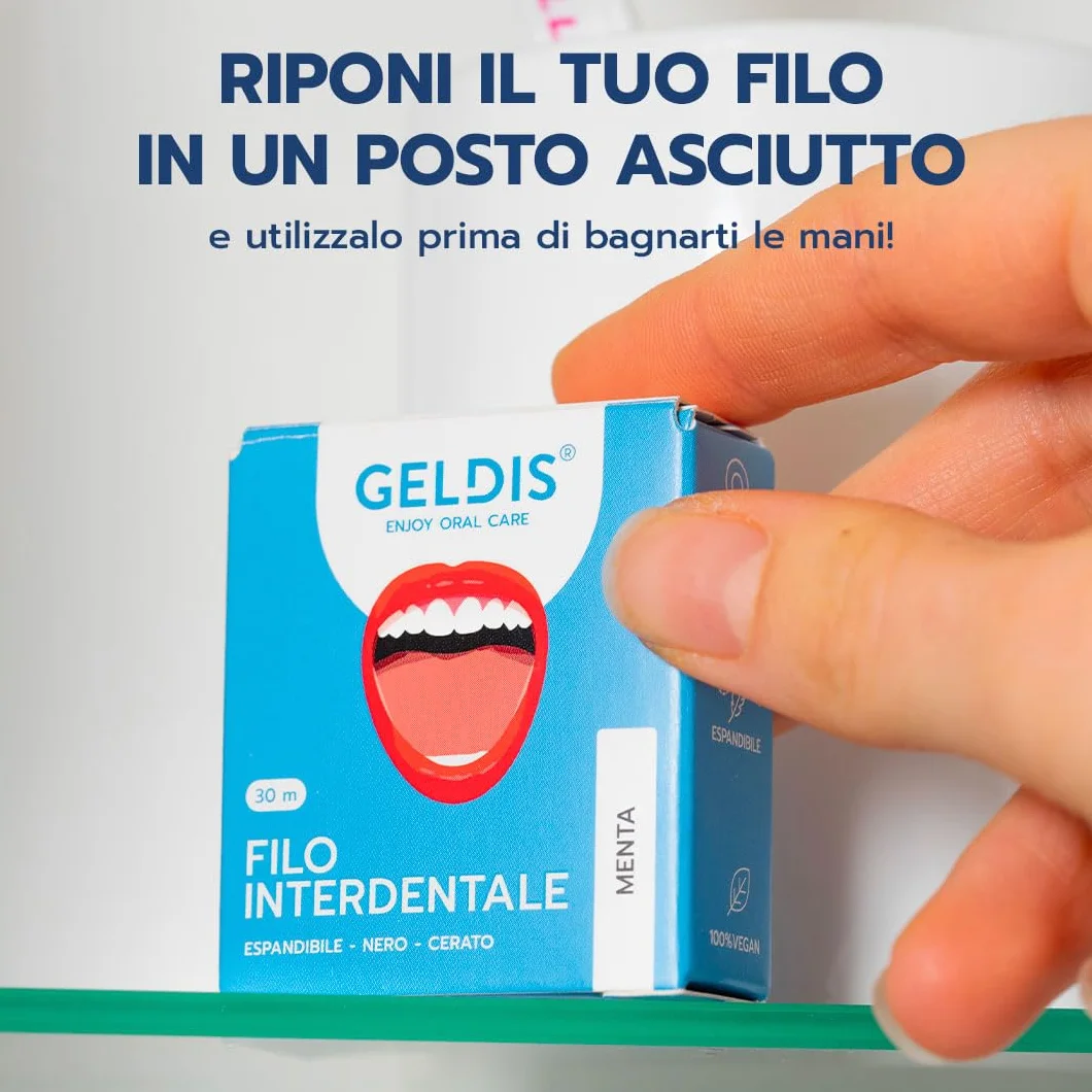 GELDIS Filo Interdentale Espandibile Nero Gusto Menta 30m Senza Plastica