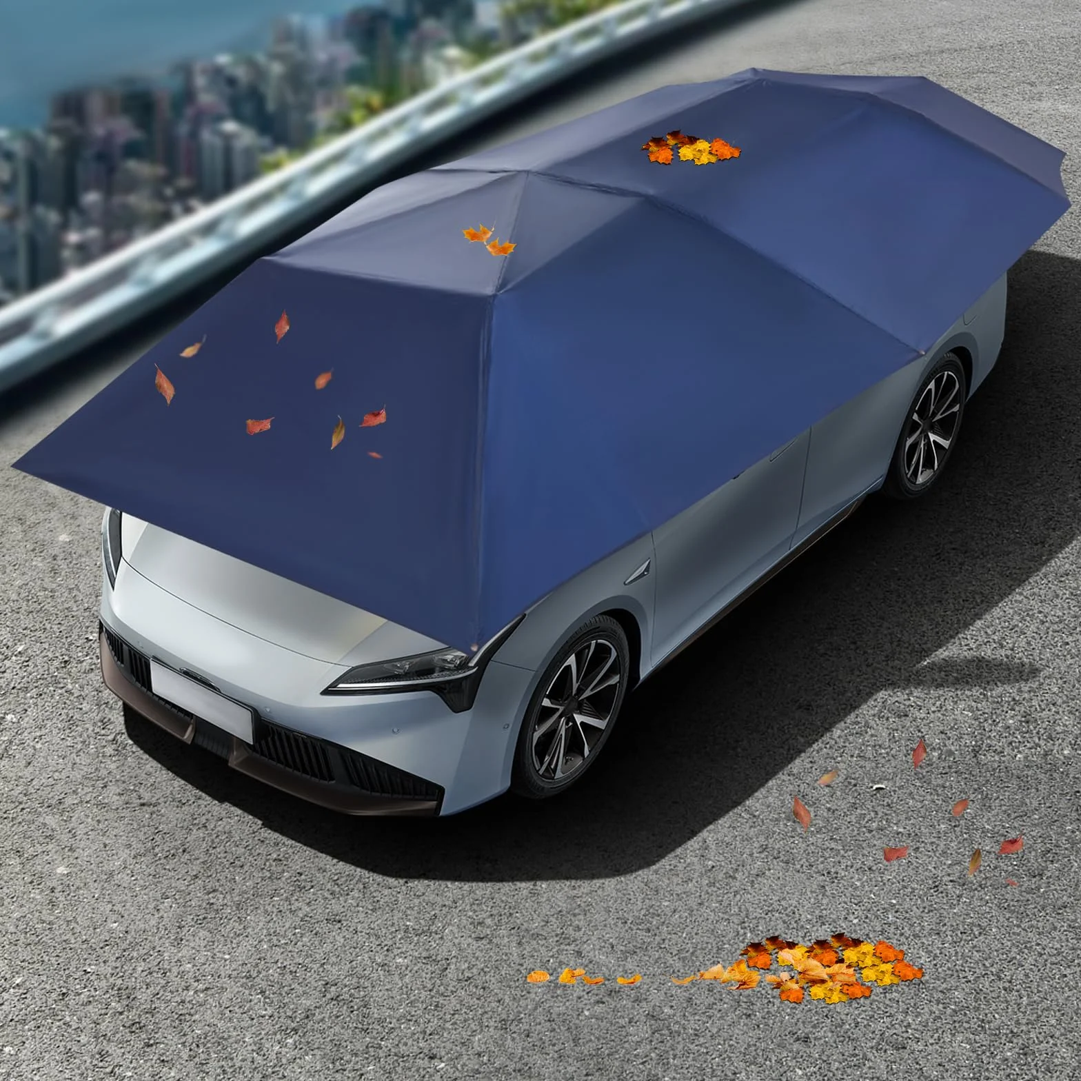 Tenda parasole semiautomatica per auto, 4,6 x 2,3 m, copertura per auto, portatile, parasole pieghevole, per auto, con coperte da sole, UPF 30 + (blu marino)