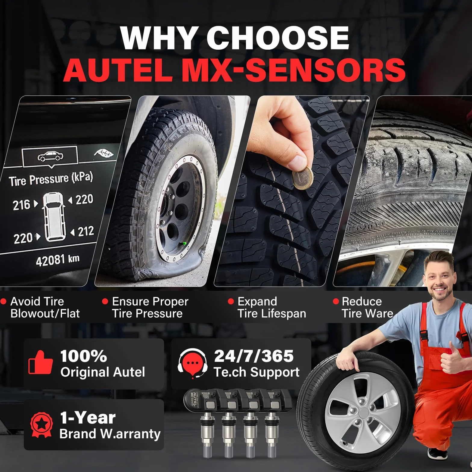 Autel TPMS Sensore MX-Sensor, Doppia Frequenza, Sensore TPMS per 98% Delle Auto, Funziona con TS408S TS508WF TS601 TS501 Pro, 100% Sensore TPMS Programmabile e Clonabile (Valvola in Metallo, 4 Pezzi)