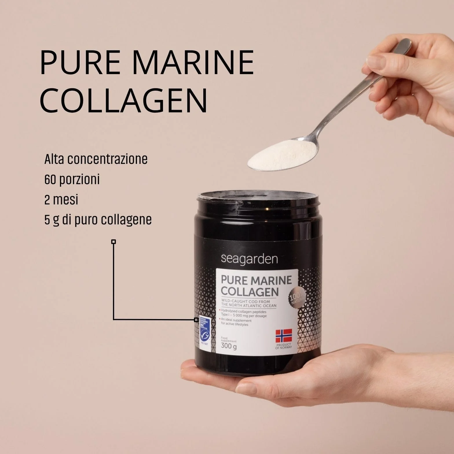 Seagarden Collagene Marino in Polvere 5000mg Integratore Capelli Pelle Ossa Articolazioni Non Aromatizzato 300g 60 porzioni