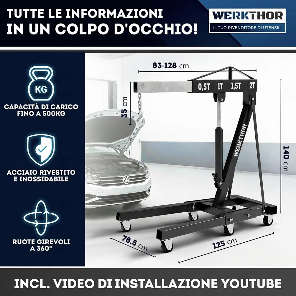 Gru da officina 500 kg idraulica non pieghevole a motore per auto nera con 4 ruote e catena di bilanciamento