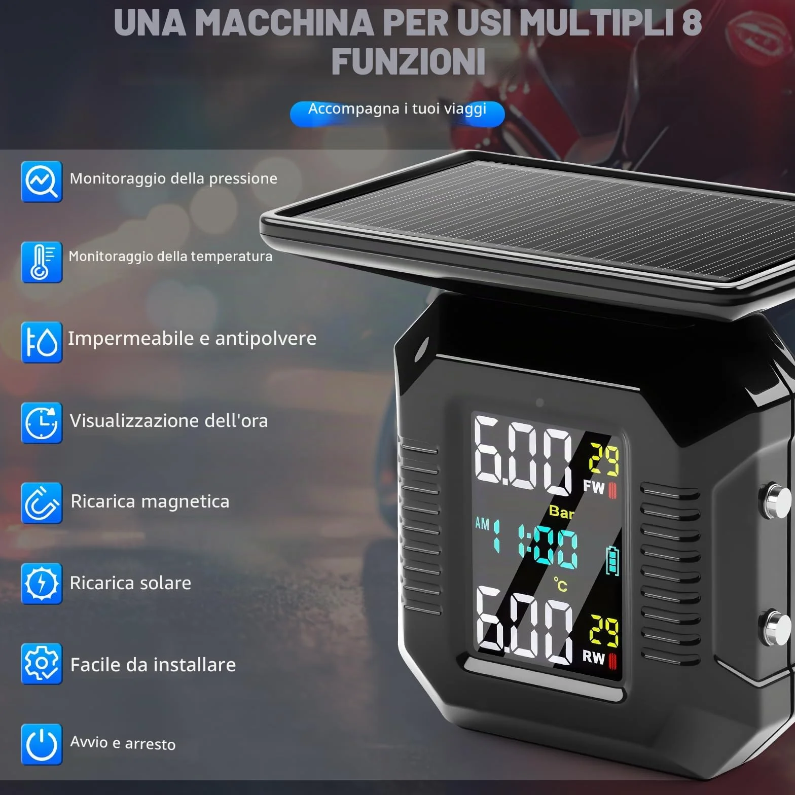 KAOLALI TPMS Moto Wireless Ricarica Solare USB Display LCD 2 Sensori Esterni Impermeabili