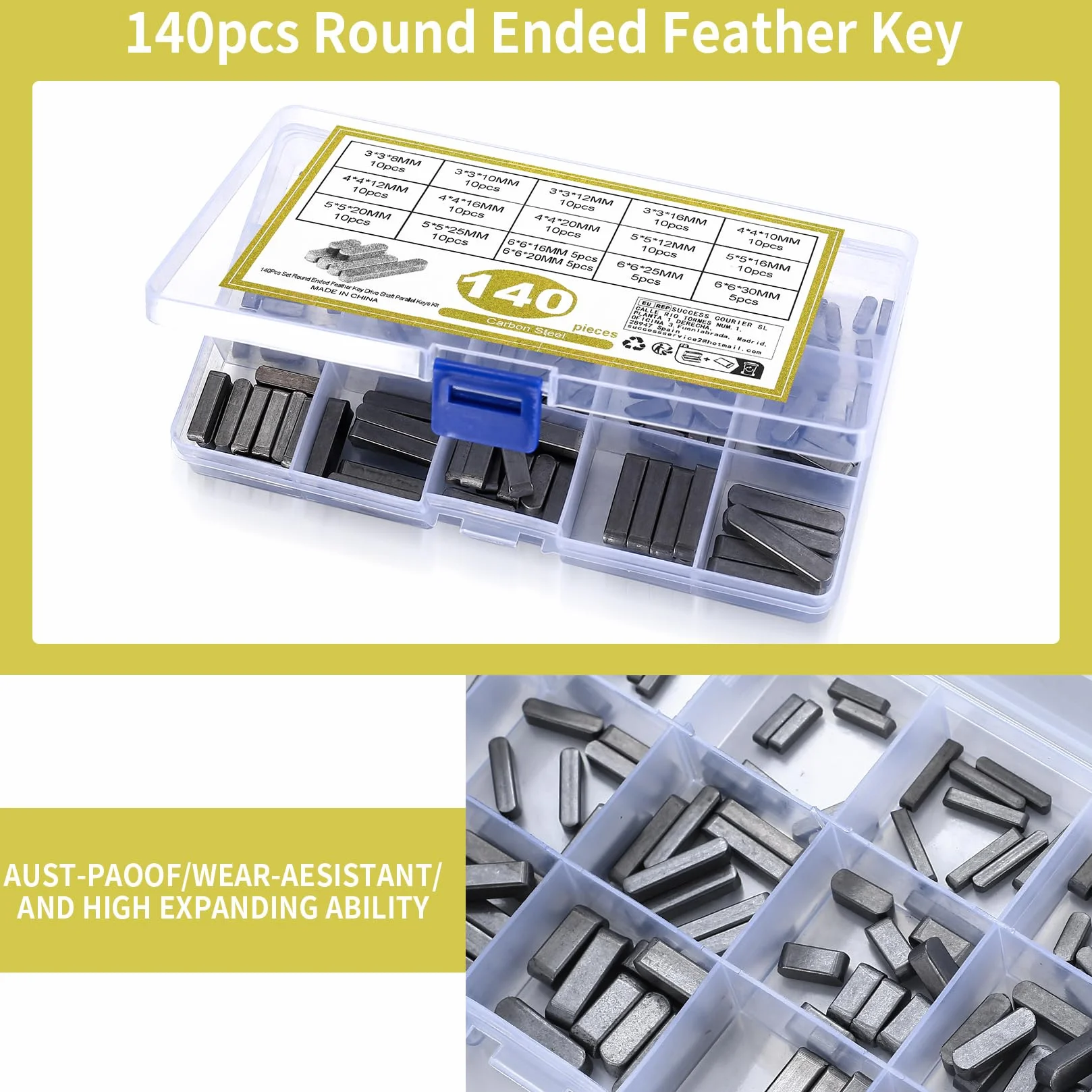 140 pezzi chiavette elastiche, set di chiavette a mezzaluna, chiavette elastiche da 3-4-5-6 mm, set di chiavette di trasmissione, kit assortimento puleggia volano albero motore (140pcs)