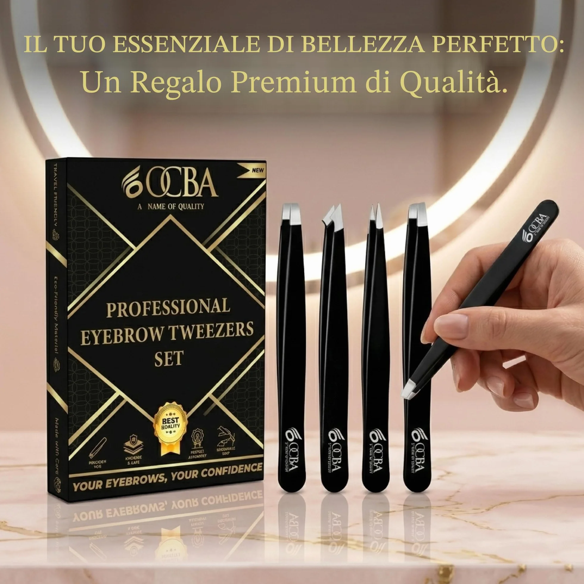 OCBA 4 pezzi Pinzette per sopracciglia professionali in acciaio inossidabile a punta e angolate
