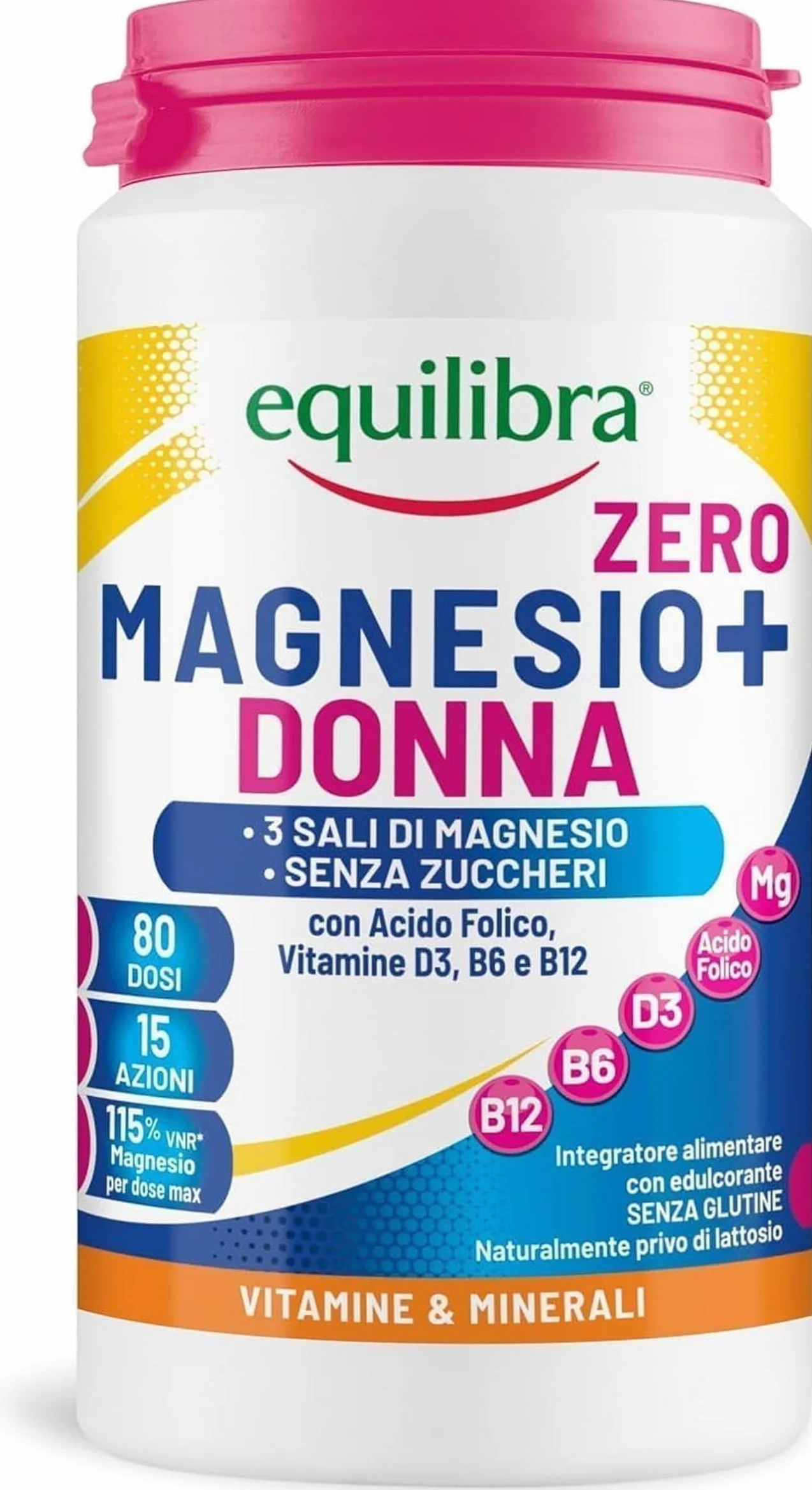 Equilibra Magnesio Donna Zero Zuccheri 200g Polvere 3 Sali di Magnesio Bisglicinato Pidolato Carbonato Acido Folico Vitamina D3 B6 B12 Solubilità Istantanea Sapore Agrumato