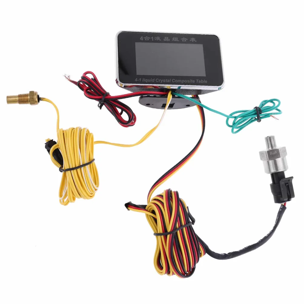 4 in 1 LCD Digital Alarm Voltmetro Pressione Olio Temperatura Acqua Carburante 12-24V