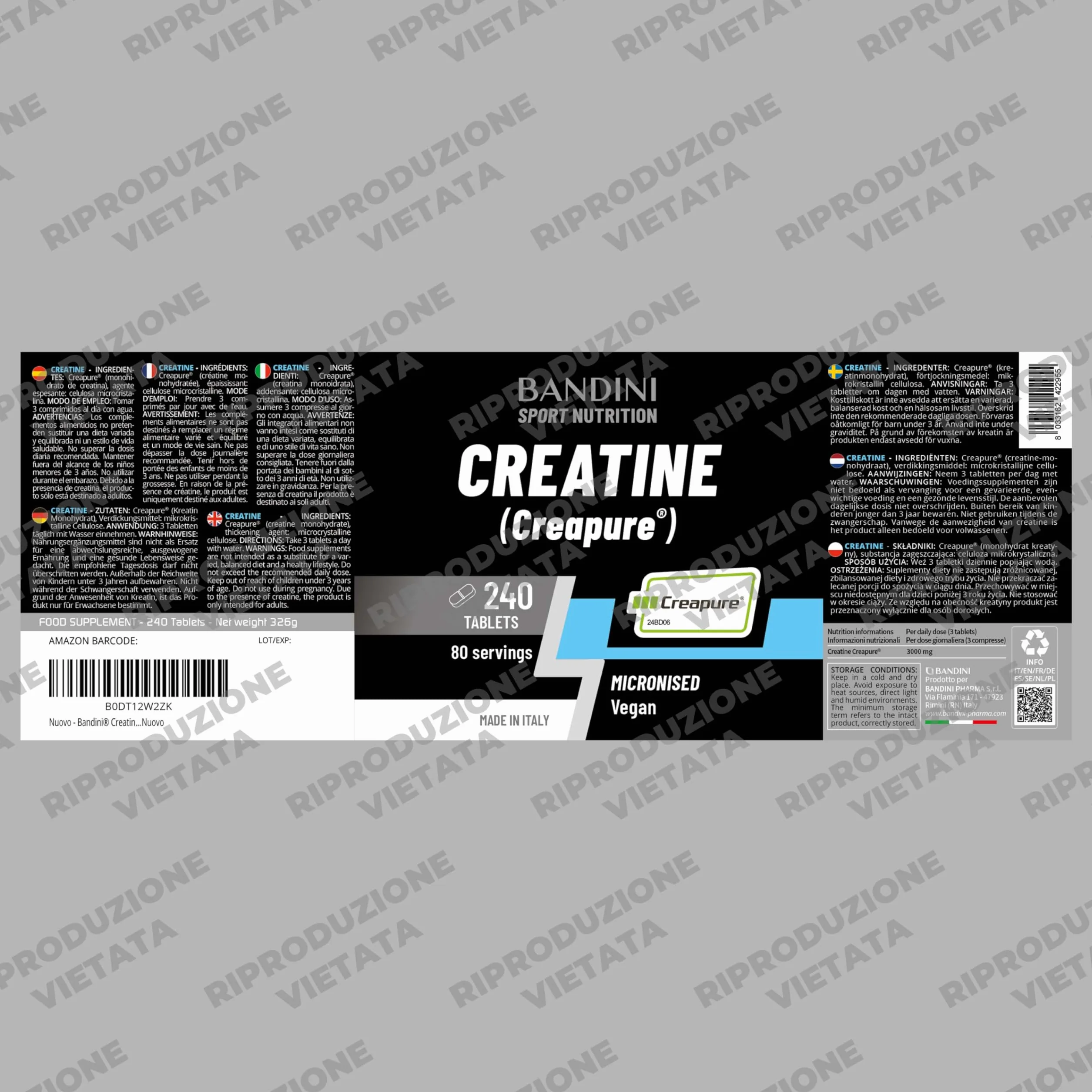 Bandini Creatina CREAPURE Monoidrata 240 Compresse - Integratore per Allenamento, Sport, Palestra - Micronizzata 100% Vegan - Creatine Monoidrato per ATP e Recupero