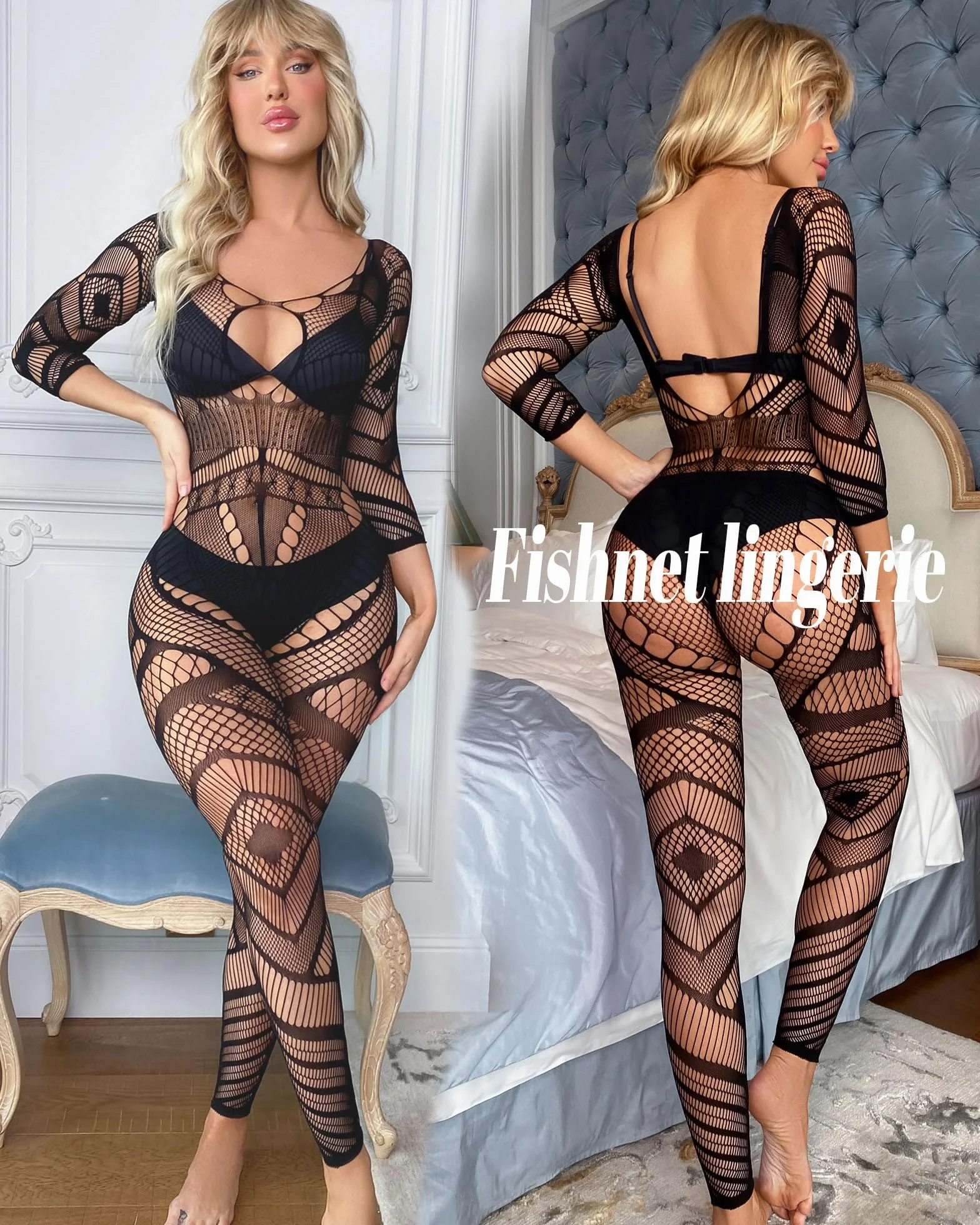 XIUSEMY Bodysuit Sexy per le donne Bodystocking a rete di pesce Tuta da sera