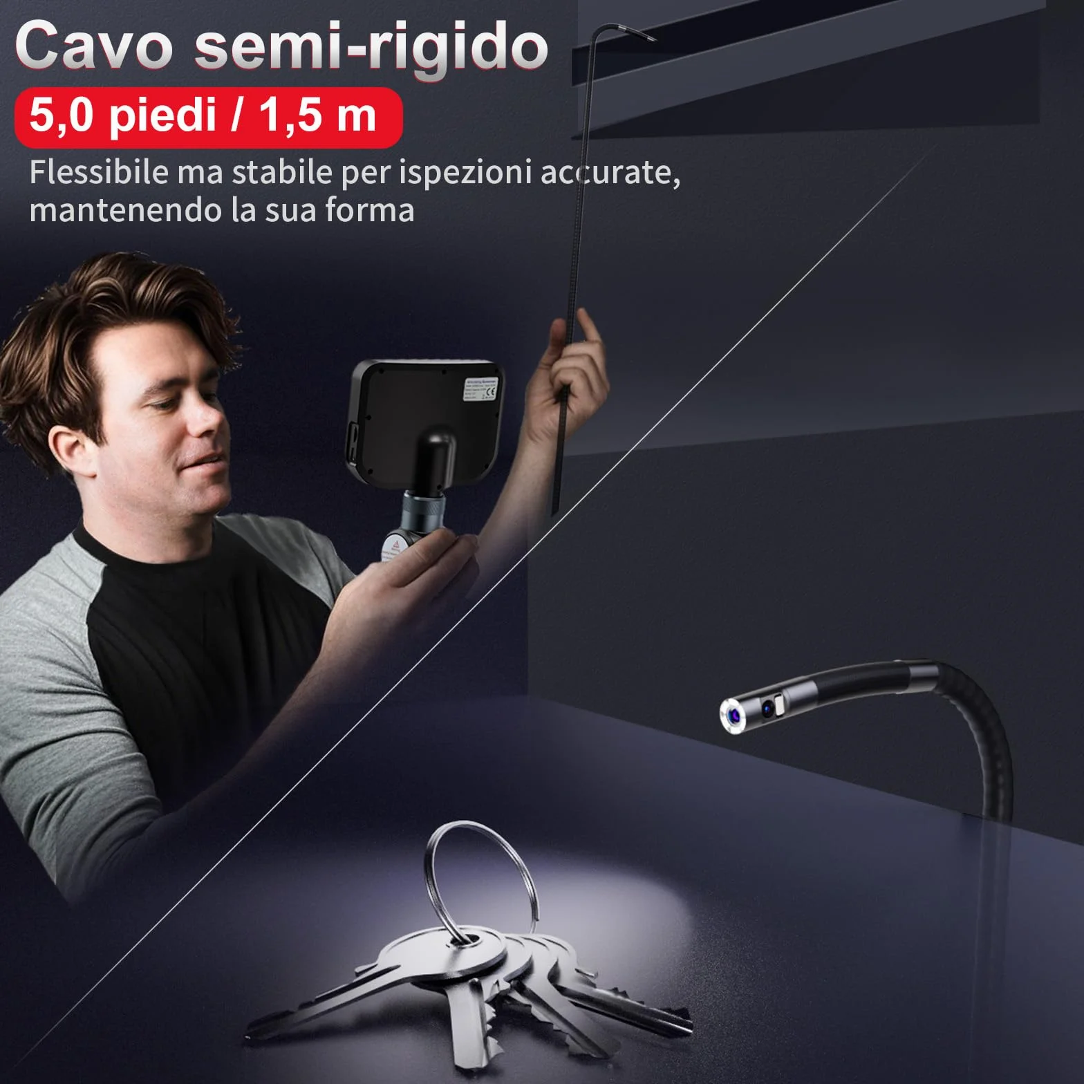Ralcam Telecamera Endoscopica Borescopio Doppio 6,5 mm Testa Mobile 180° Schermo HD IPS 5" Impermeabile IP67 Cavo Semirigido 1,5 m