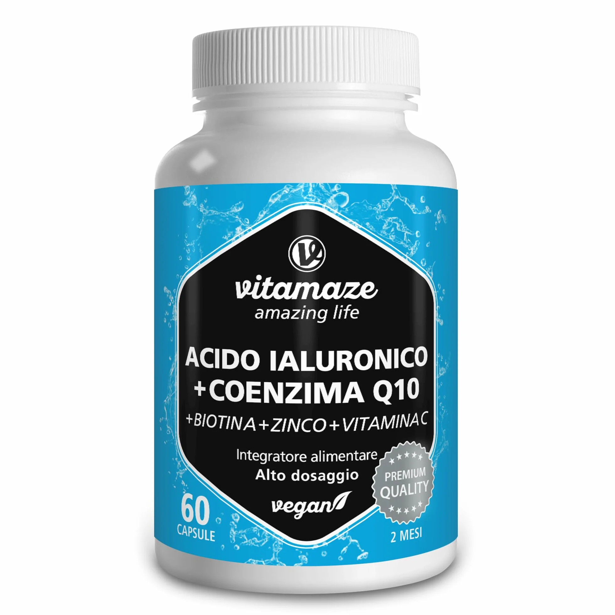 Acido Ialuronico ad Alto Dosaggio Puro + Coenzima Q10 Capsule Vegan 500-700 kDa Integratore Alimentare