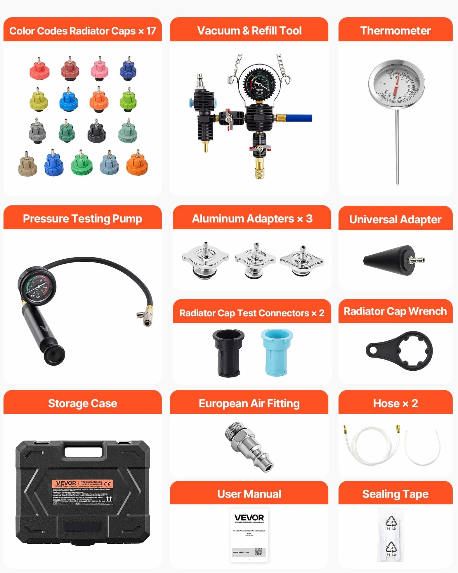 VEVOR Kit di Tester Manometri per Sistema di Raffreddamento da 47 Pezzi, Kit per Prova di Pressione del Radiatore con 3 Adattatori in Metallo, Misura Universale, Strumento di Prova per Autoveicoli