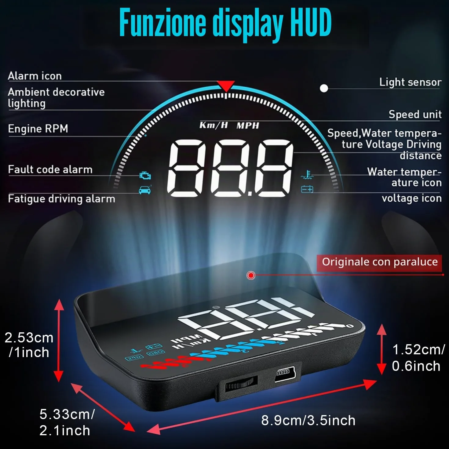 Auto HUD Display OBD2 & HUD Display GPS Dual System, Tachimetro Auto Misuratore di temperatura dell'acqua Misuratore di velocità del motore Allarme di sicurezza applicabile a tutti i veicoli