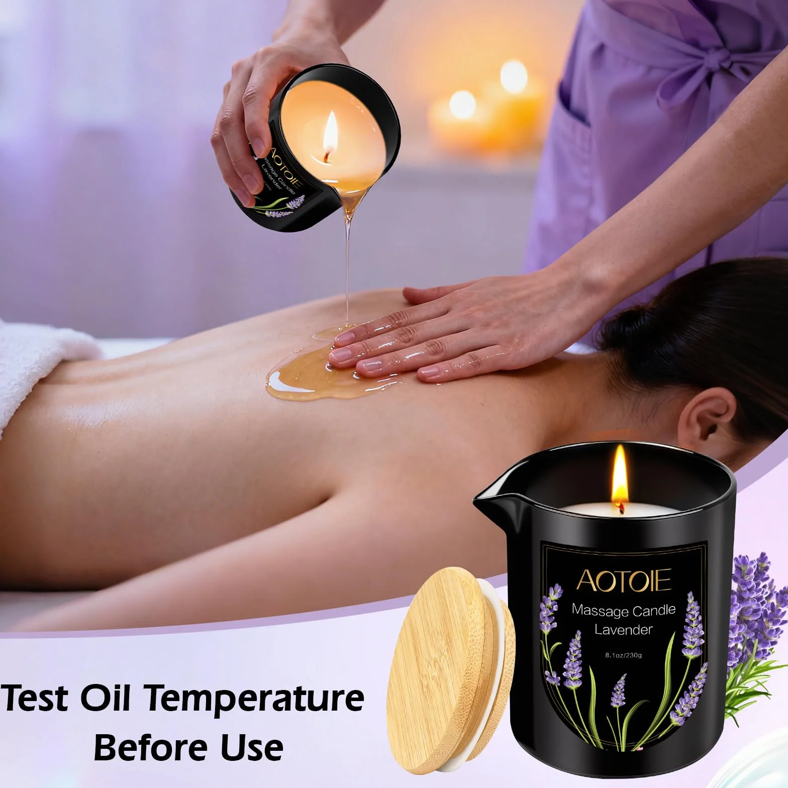Candela Massaggio 240ml Olio di Lavanda, Candela Profumata Bassa Temperatura, Olio Massaggio Naturale per Relax SPA