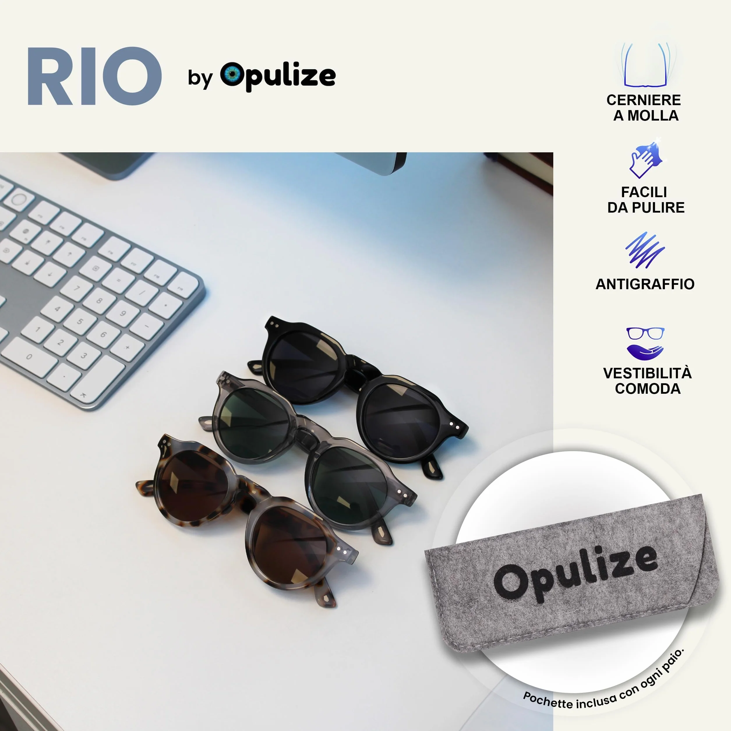OPULIZE RIO Set da 3 Occhiali da Lettura con Lente da Sole UV400 Nero Marrone Grigio Uomo Donna +3.00