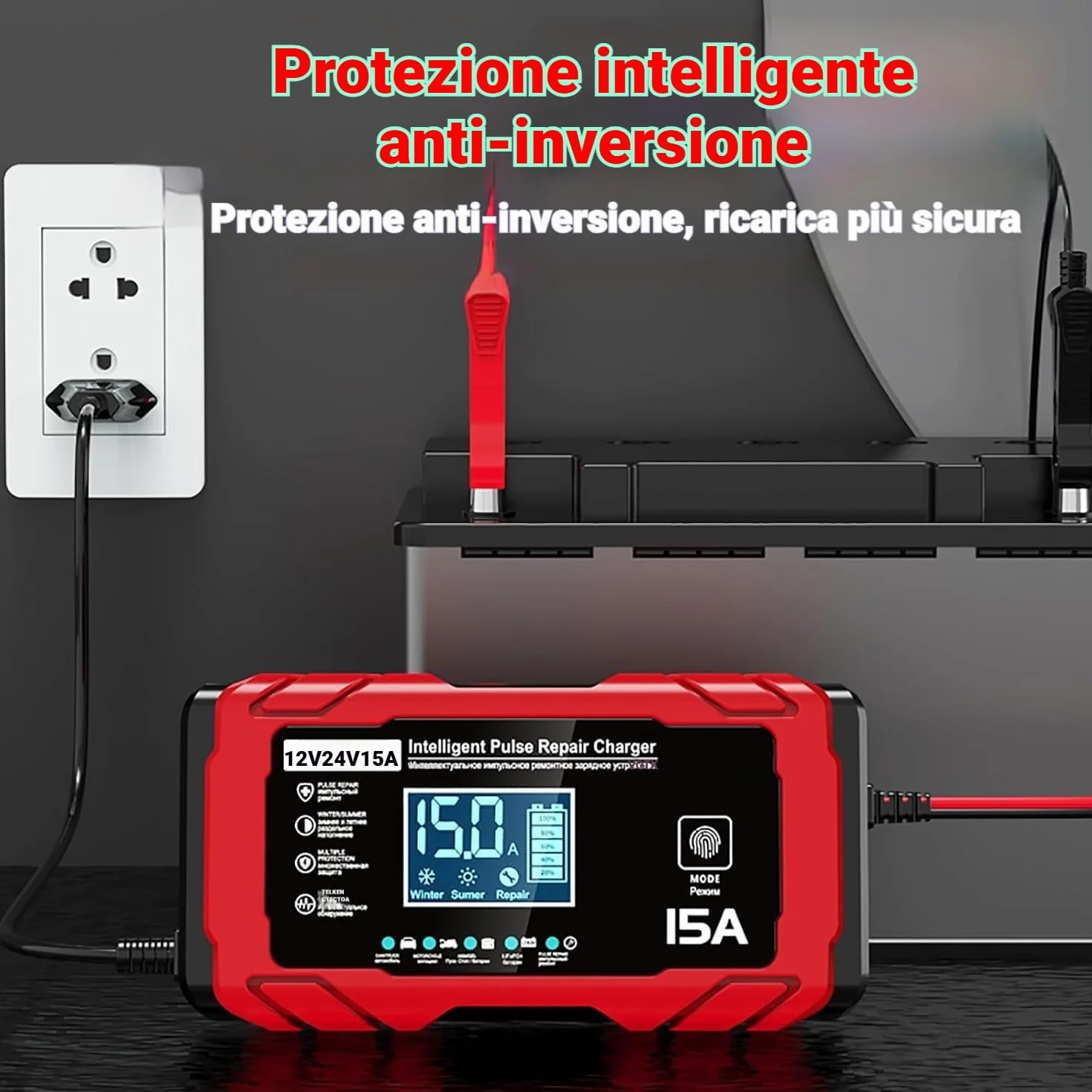 Caricabatteria per Auto 15A - 12V/24V 15A Carica Batterie intelligente Auto, Schermo LCD, Caricabatterie con Multi-Protezione, Compatibile con Batterie per Auto, Moto, AGM e LiFePO4