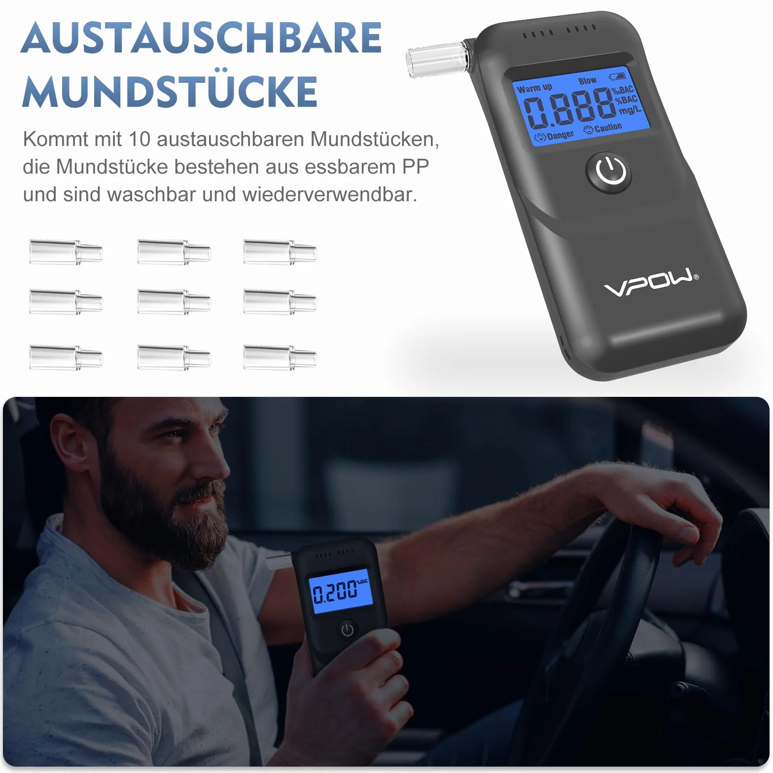 Etilometro Portatile Certificato con Display LCD Blu Digitale, Precisione di Grado per Uso Domestico e Professionale - Grigio