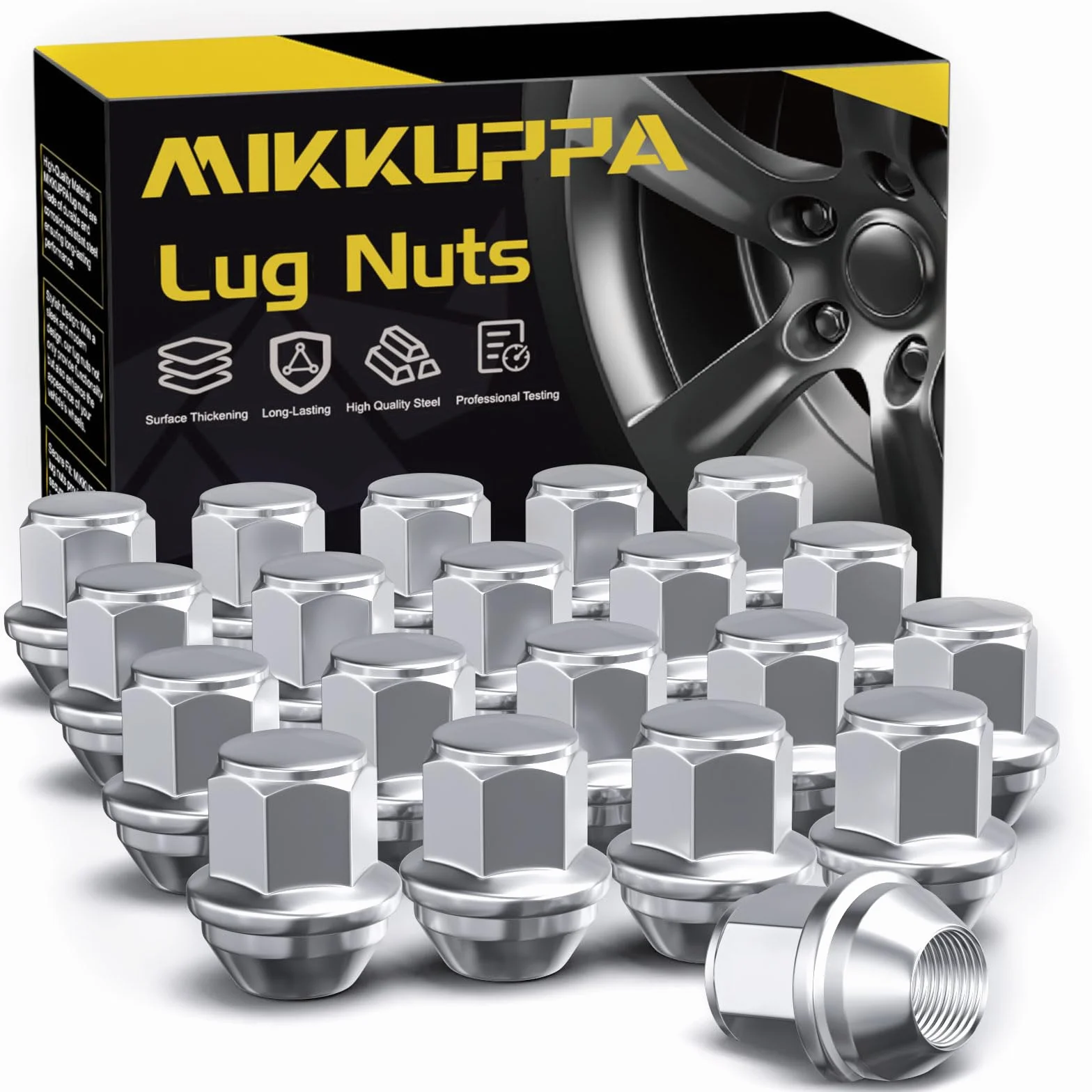MIKKUPPA Dadi per ruota M12 x 1,5 - SW19 di ricambio per Ford Fusion, Focus, Escape, Fiesta, 20 pezzi monoblocco cromato OEM Factory Style Bulge Acorn Seat