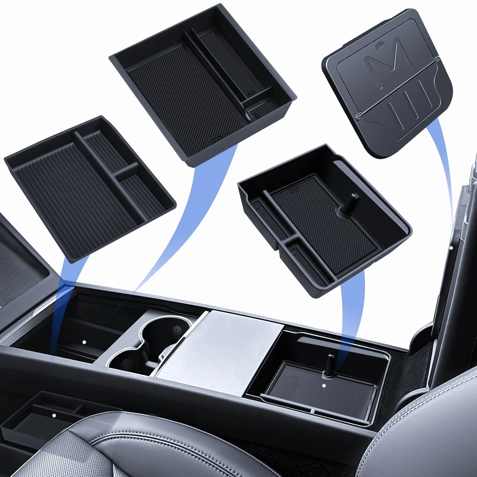 4 pezzi accessori per Tesla Model 3 2024 organizer per console centrale, vassoio organizer in silicone, contenitore per bracciolo e scatola nascosta Tesla Model 3 2024 Highland