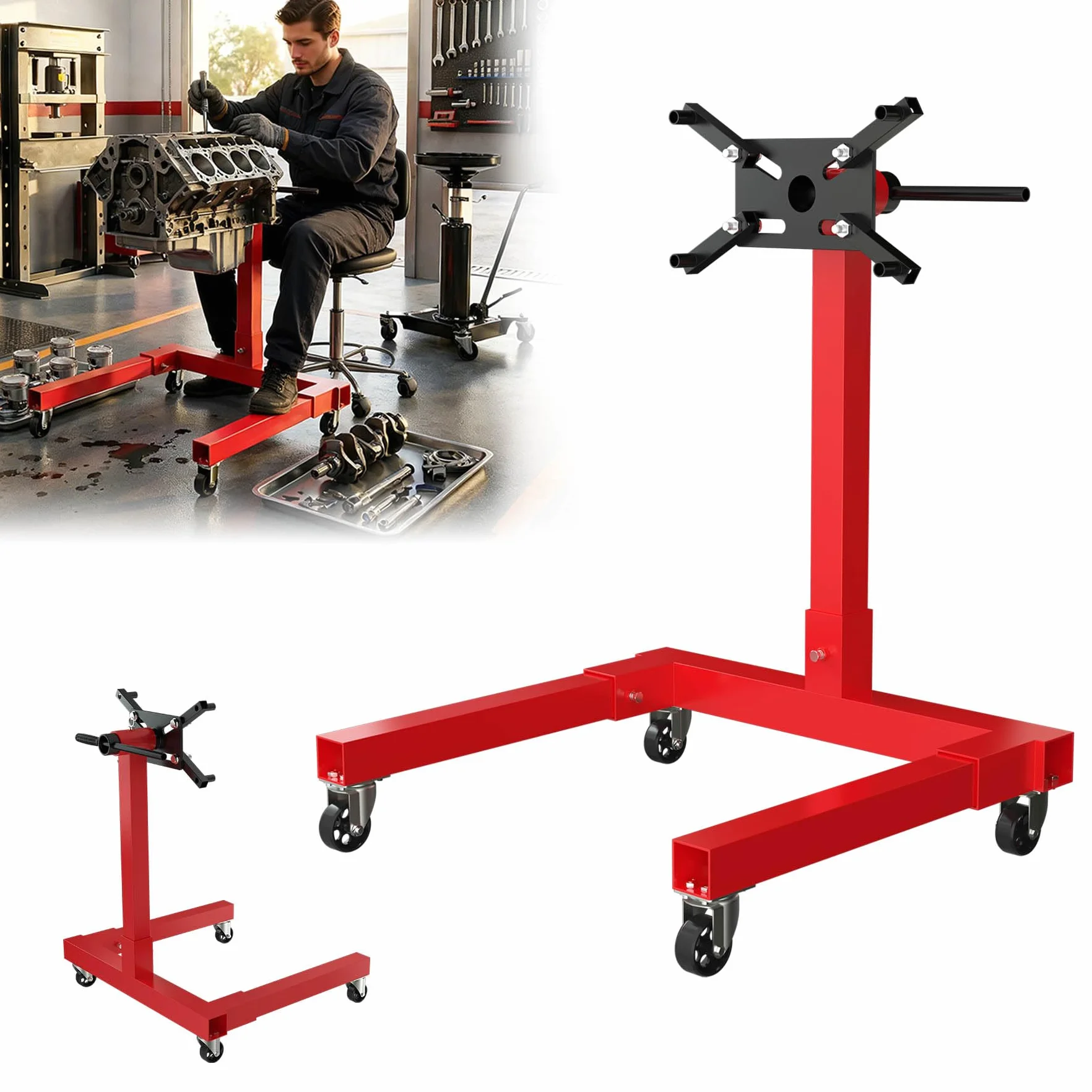 ACXIN Cavalletto motore 570 kg supporto girevole 360° sollevatore bracci regolabili 4 ruote acciaio laccato rosso