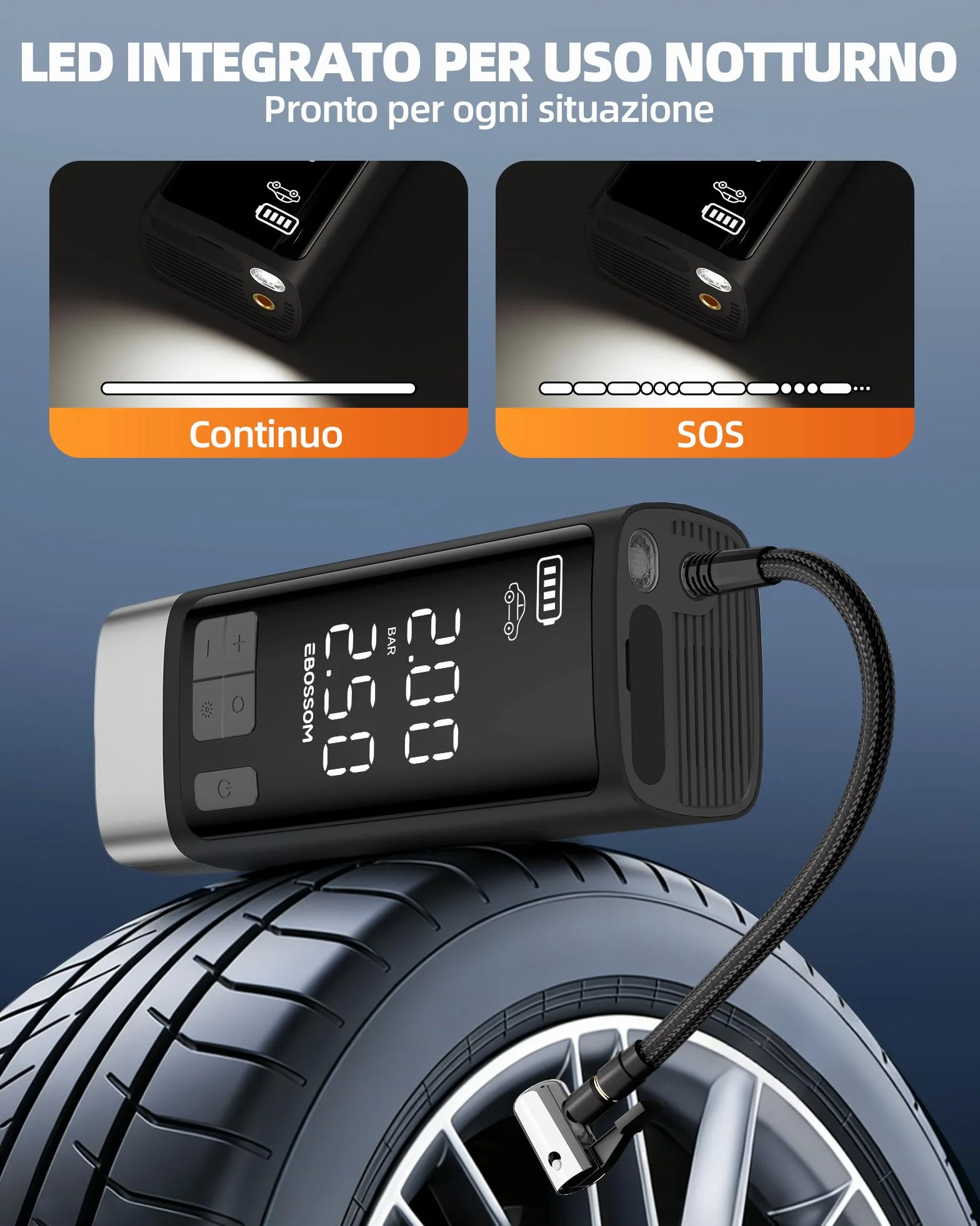 Compressore Aria Portatile Auto, Compressore 10,3Bar, Pompa D'aria Multifunzione a Motore Bicilindrico Con 2500 mAh, Kit Di Emergenza per Veicoli Grandi, Pick-up, Motori. Con Illuminazione Led