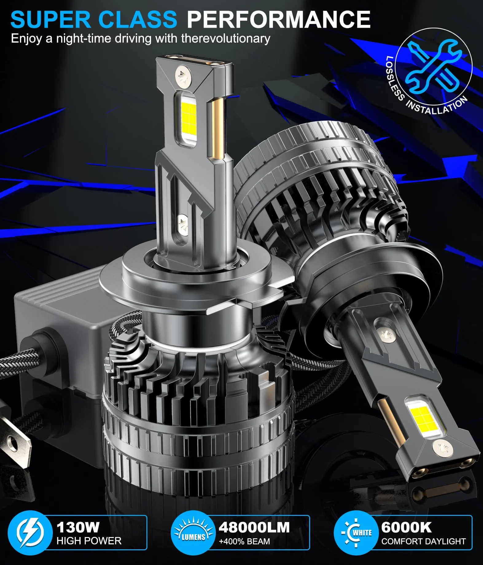 H7 LED Lampadine Auto 130W 48000LM 6000K Luci Bianca 600%， Kit di Conversione per Fari Alogeni Auto, Luce Abbagliante o Anabbagliante 12V, Tubo di Rame Spesso,LED Lampada Luci,2 pezzi