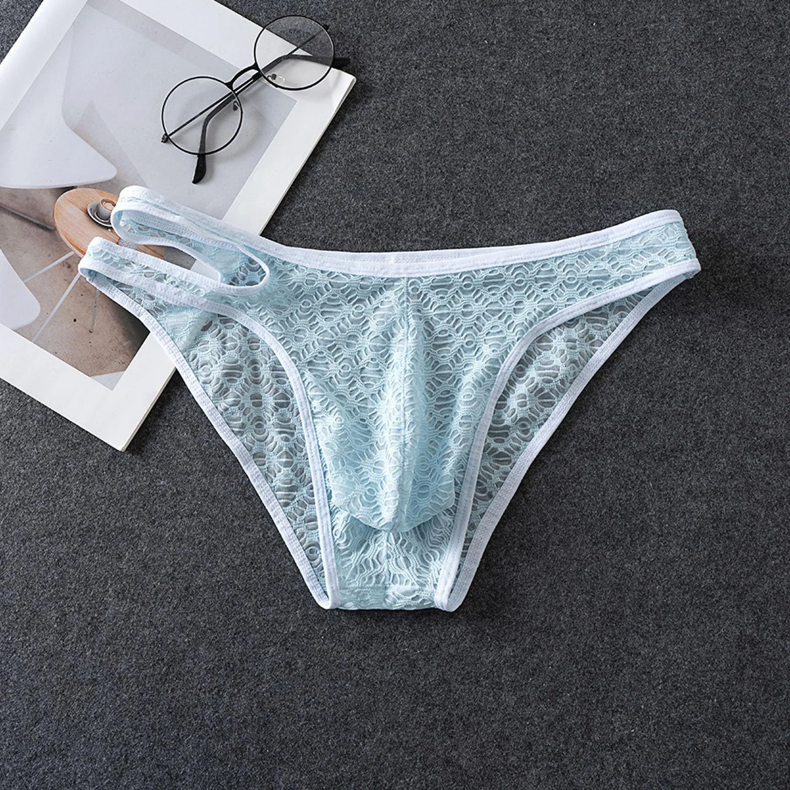 Tanga Uomo Slip Sexy a Triangolo Trasparenti in Rete Traspirante con Motivo Jacquard