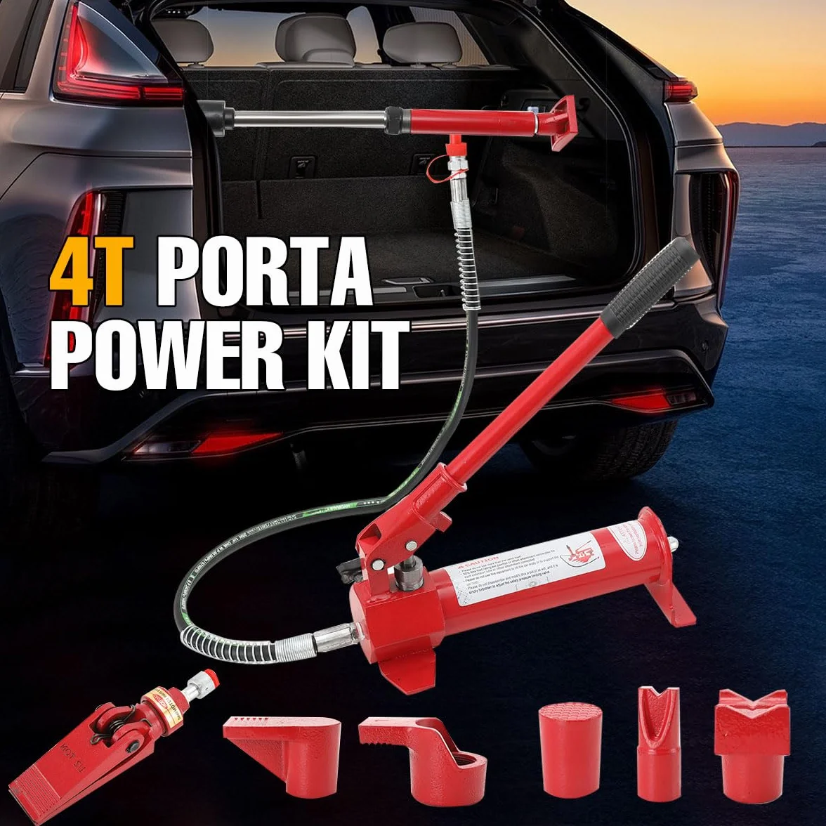 4 TON Pompa Idraulica Manuale per Carrozzeria, Kit di Martinetto Idraulico Sollevatore Pompa per Riparazione Auto Carico con Custodia, Corsa da 125 mm