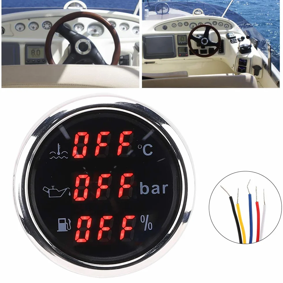 Indicatore Multifunzione 3 in 1 Indicatore Digitale Temperatura Dell'acqua di Raffreddamento Pressione Dell'olio Volume Dell'olio 52MM con Funzione di Allarme Per Car Boat RV(Piastra frontale nera)