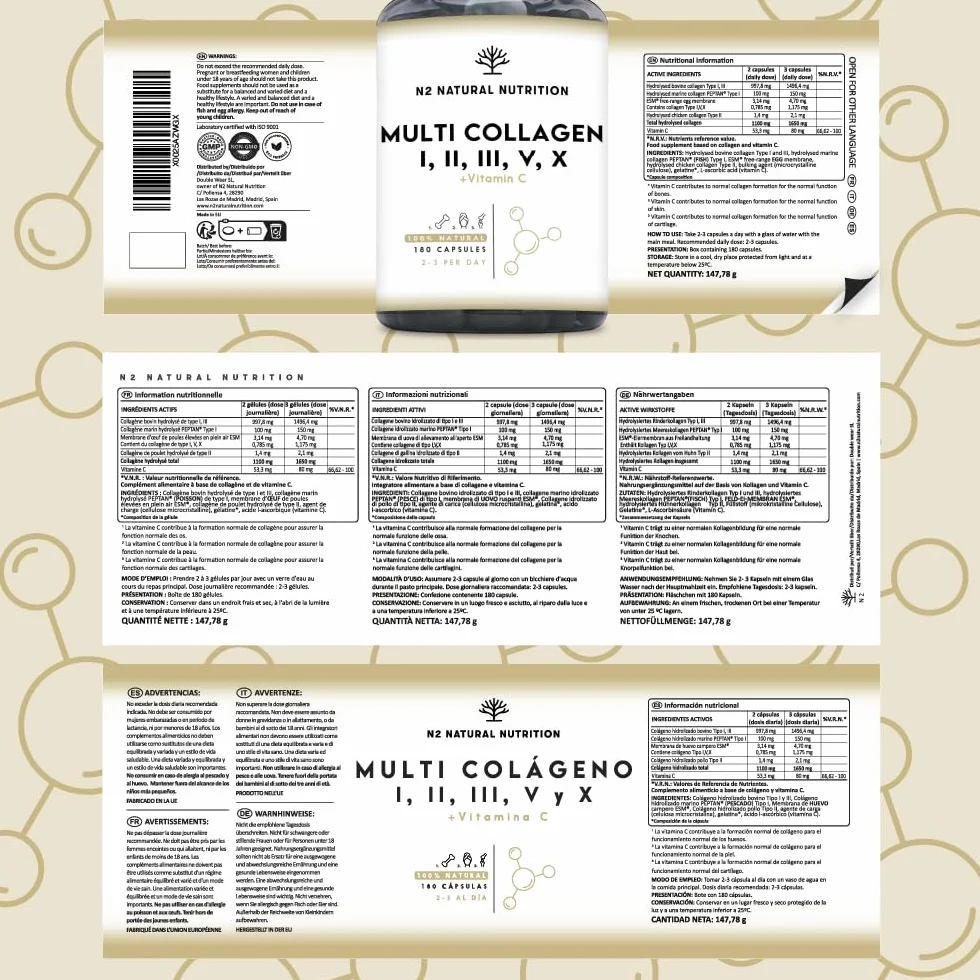 N2 Natural Nutrition Multi Collagene Idrolizzato 1650mg Peptidi di Collagene Marino e Bovino Tipo 1 2 3 5 10 Integratore Articolazioni Pelle Ossa Vitamina C 180 Capsule