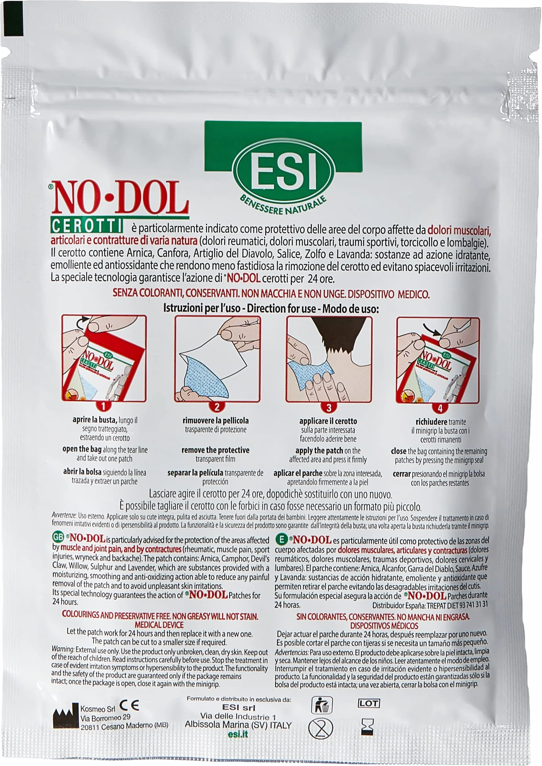 ESI No-Dol Cerotti con Arnica, Artiglio del Diavolo e Canfora, Allevia Dolori Muscolari e Articolari, 10 Pezzi