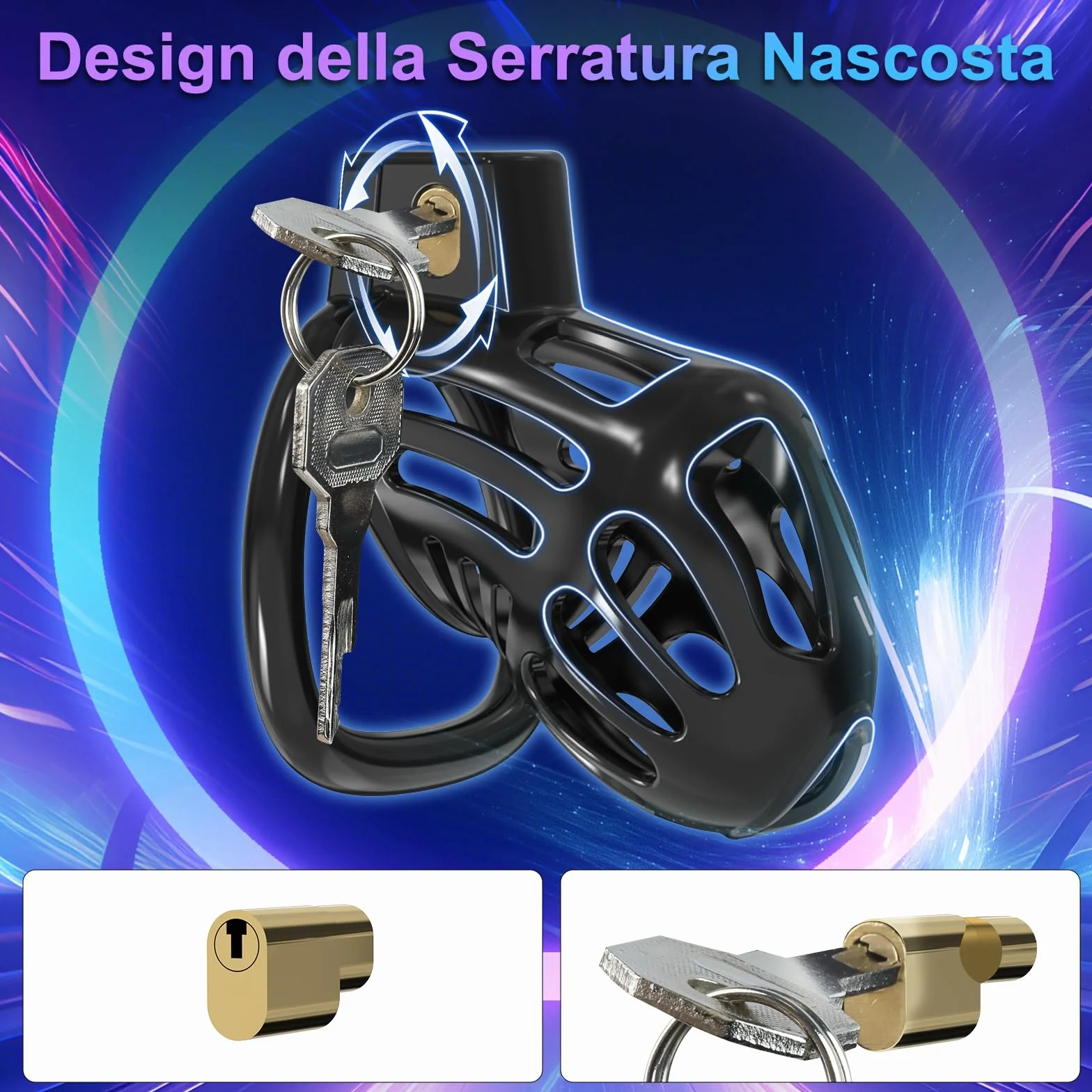 Cintura di Castità Uomo Sex Toys con 3 Anelli Rimovibili Gabbia di Castità Maschile