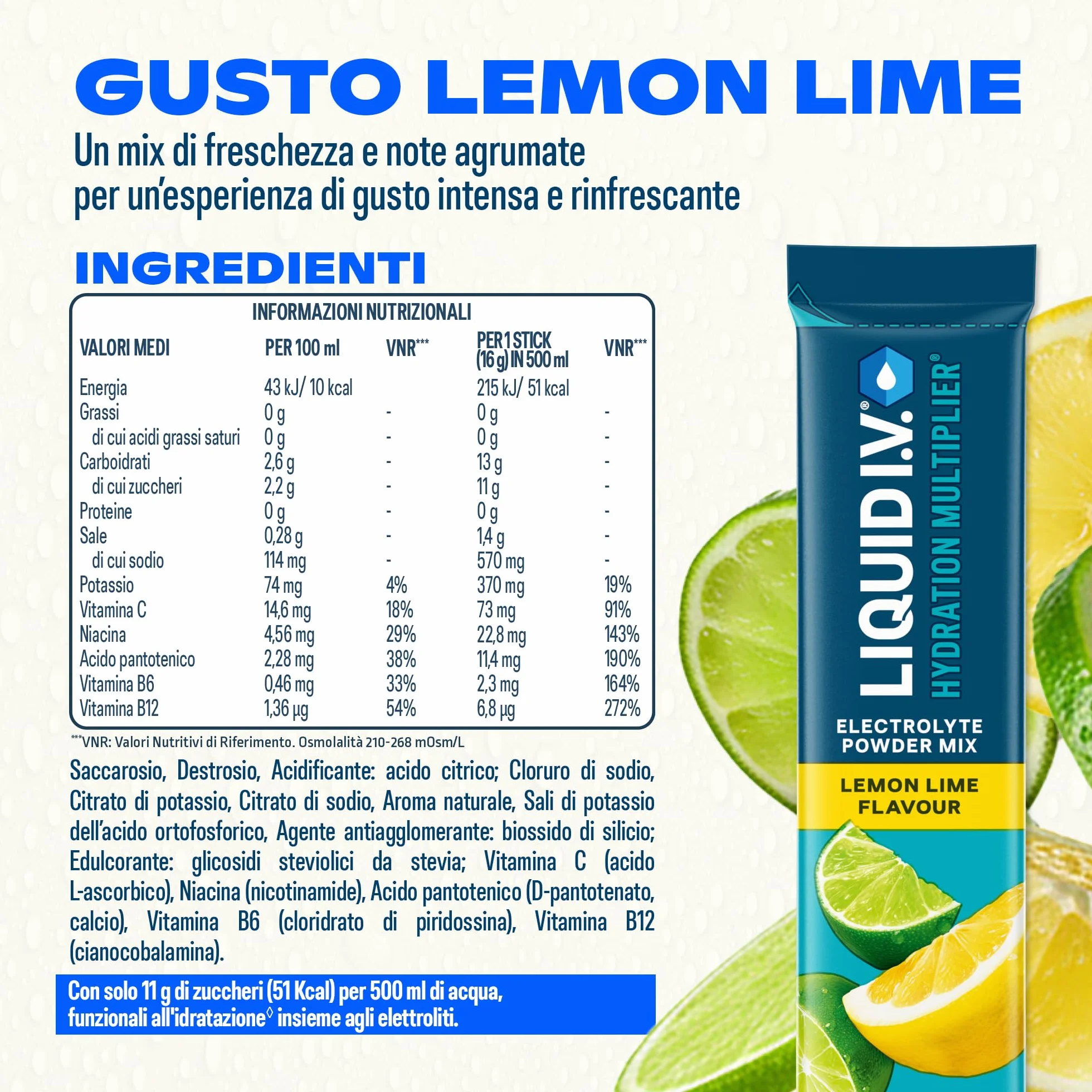 Liquid I.V. 16 stick Integratore Elettroliti Idratazione Rapida Sodio Potassio Vitamine B3 B5 B6 B12 C Lemon Lime Vegano Senza Glutine