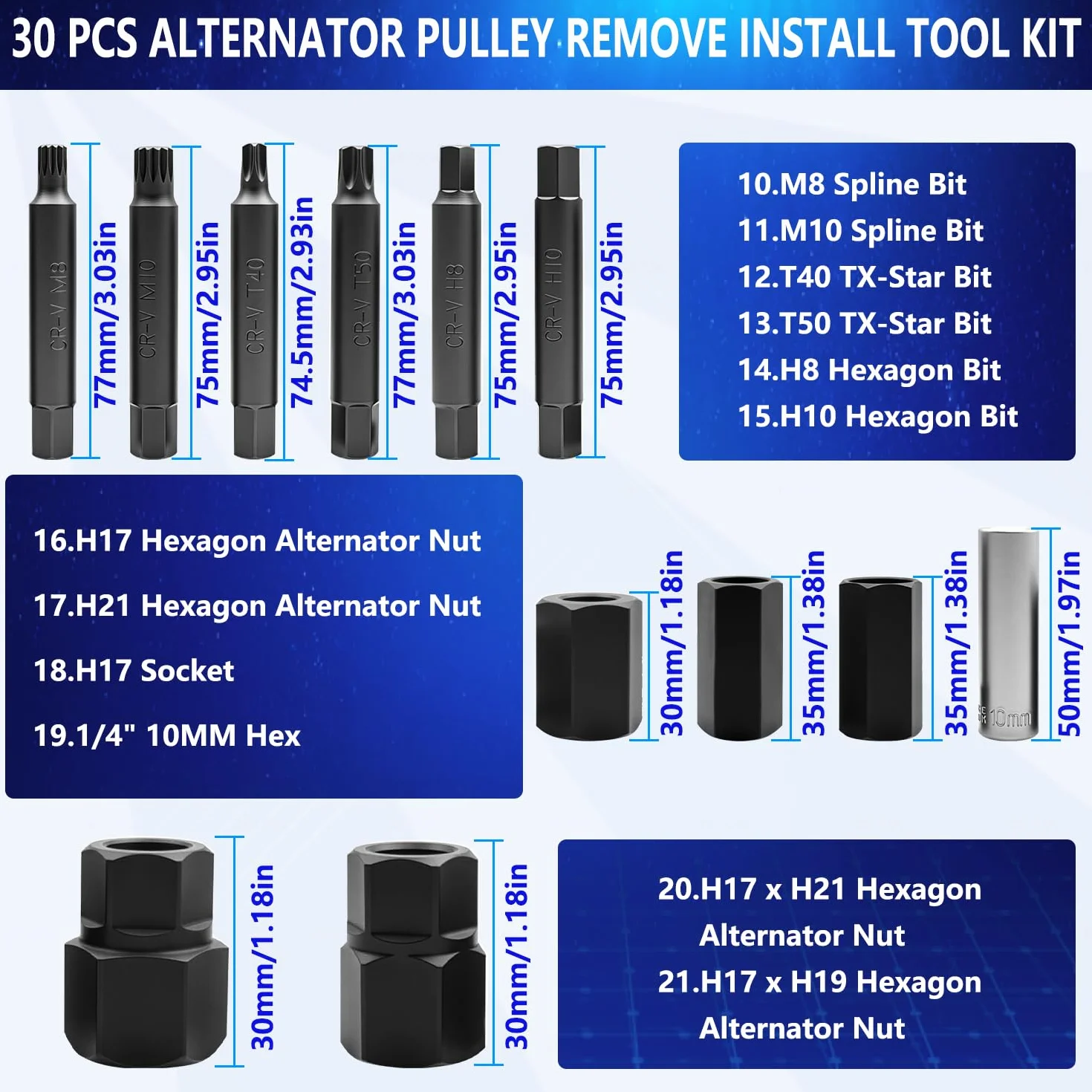 ZKTOOL 30PCS Strumenti per la Rimozione della Puleggia Alternatore Automobilistico, Rimozione Frizione Generatore, Estrattore del Volano, Set Strumento per la Puleggia della Cinghia del Generatore