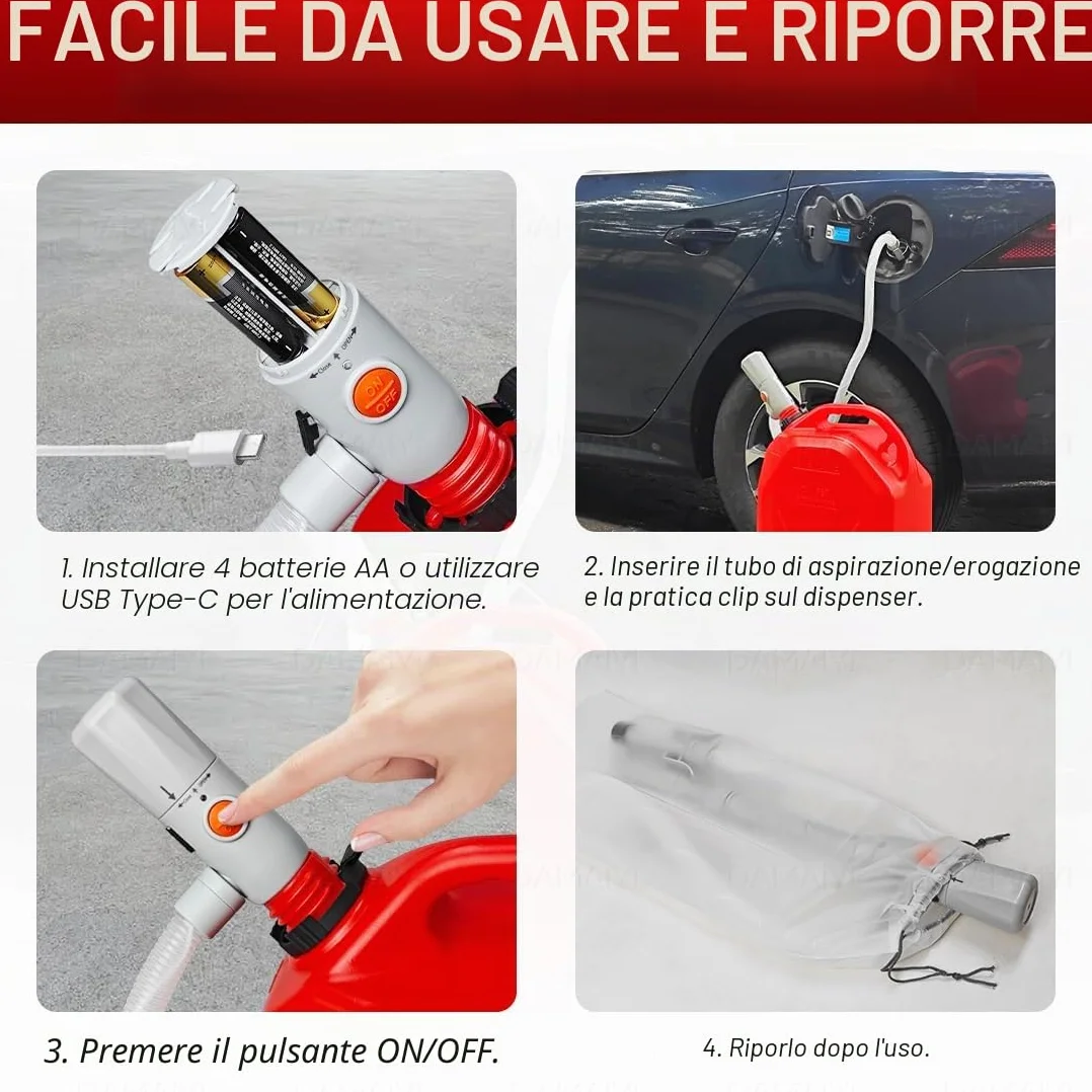 Pompa di Trasferimento Carburante Doppia Alimentazione USB-C/AA 3.2 GPM Arresto Automatico Tubo 51 Pollici